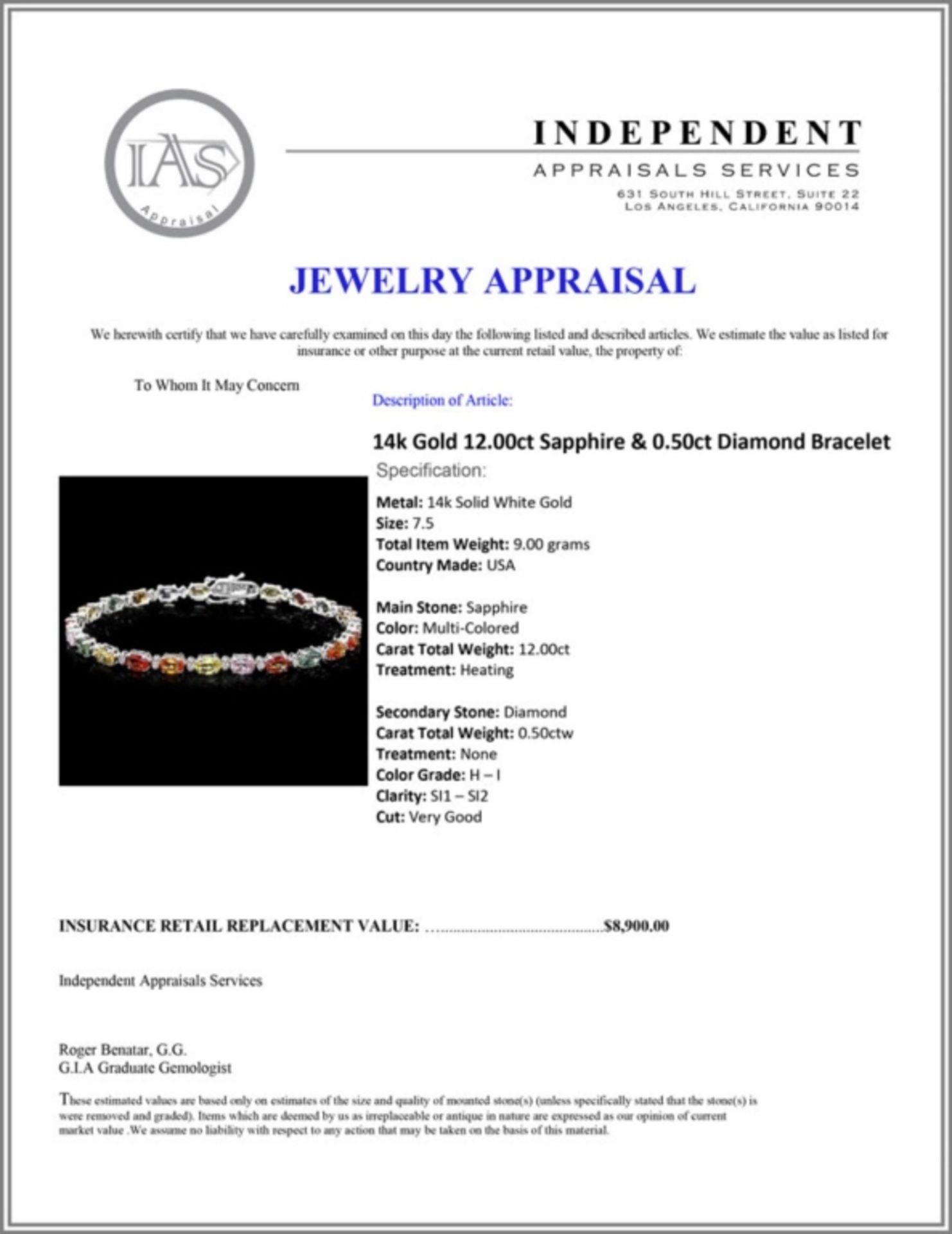 `14k Gold 12.00ct Sapphire & 0.50ct Diamond Bracel - Image 3 of 3