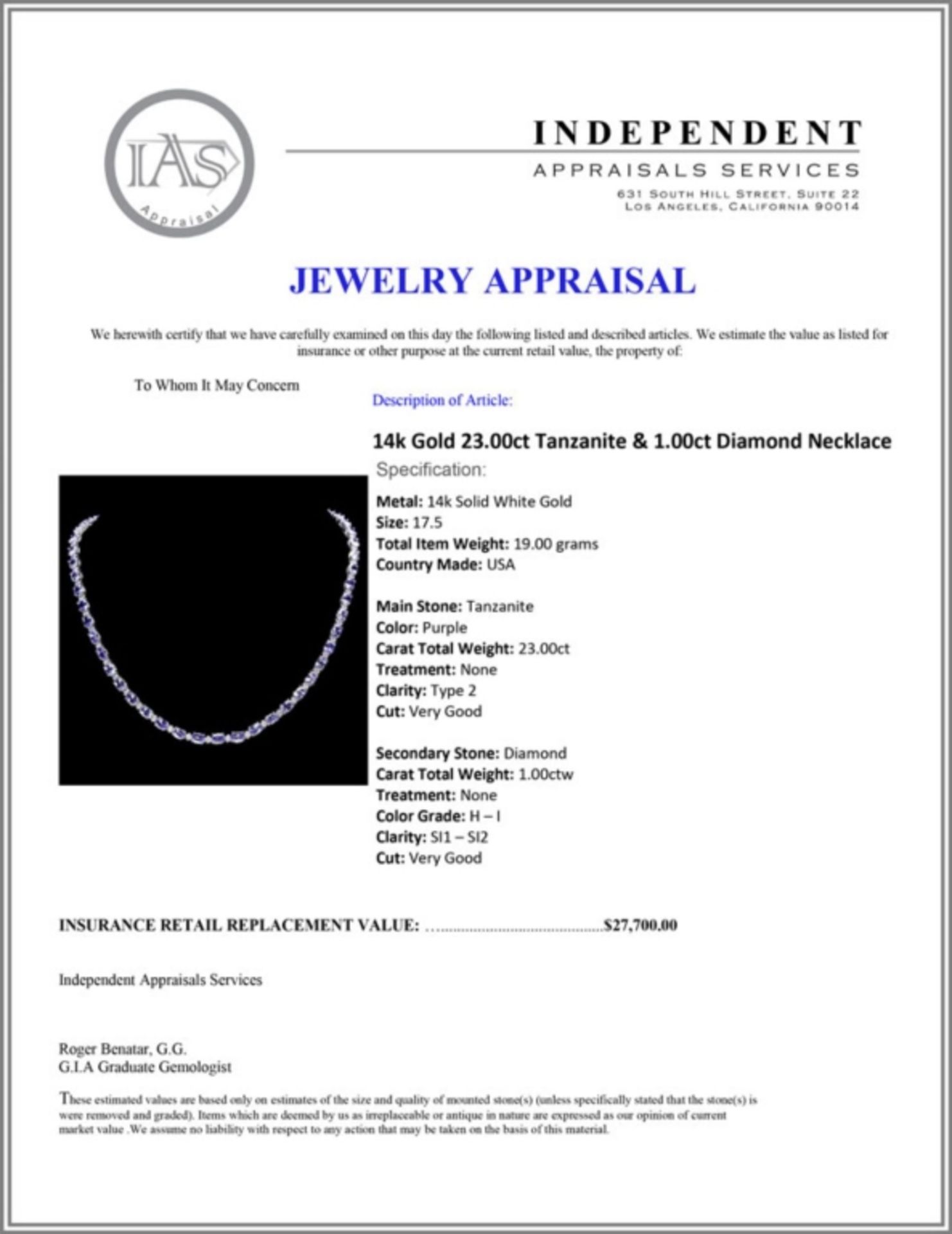 `14k Gold 23.00ct Tanzanite & 1.00ct Diamond Neckl - Image 3 of 3