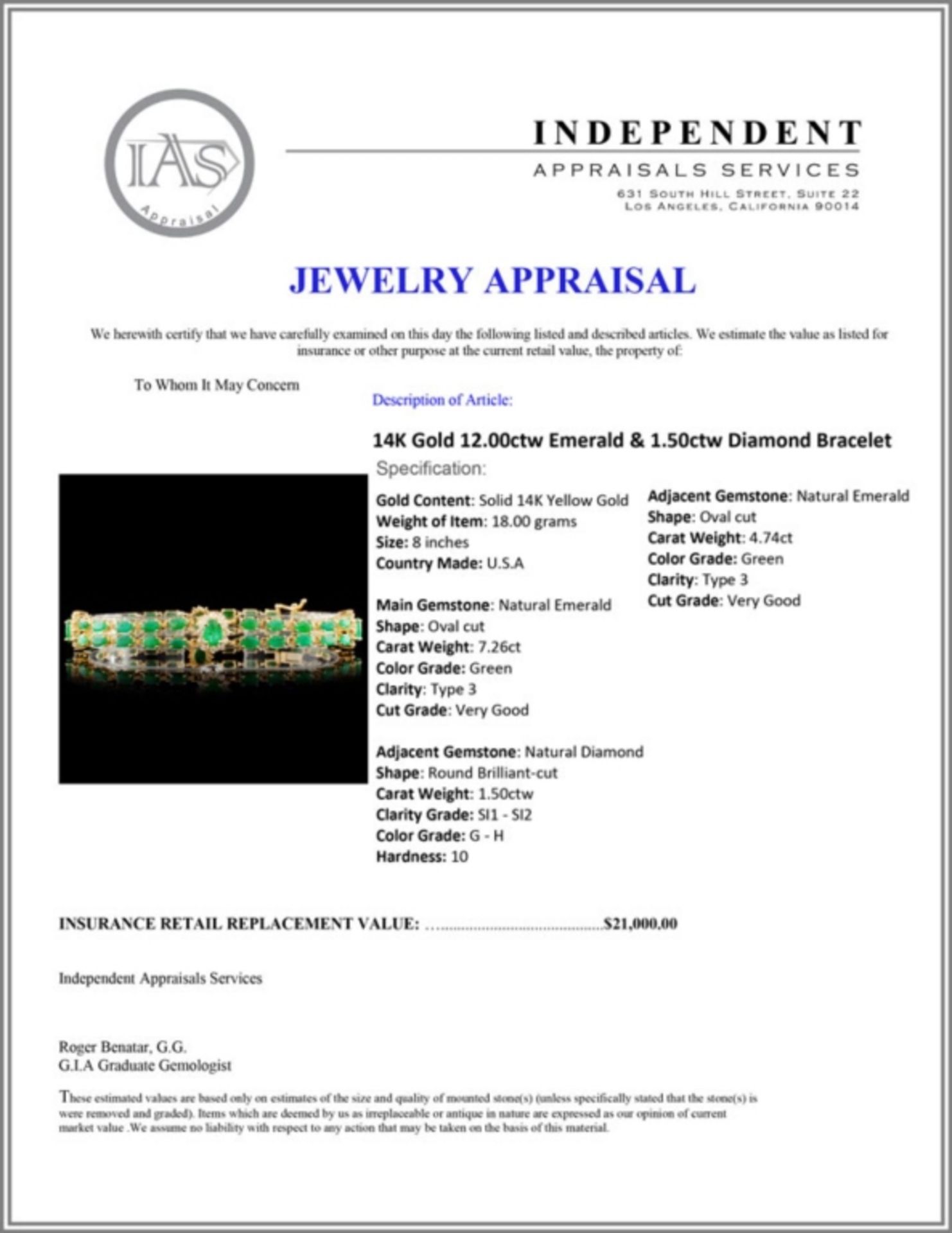 14K Gold 12.00ctw Emerald & 1.50ctw Diamond Bracel - Image 4 of 4