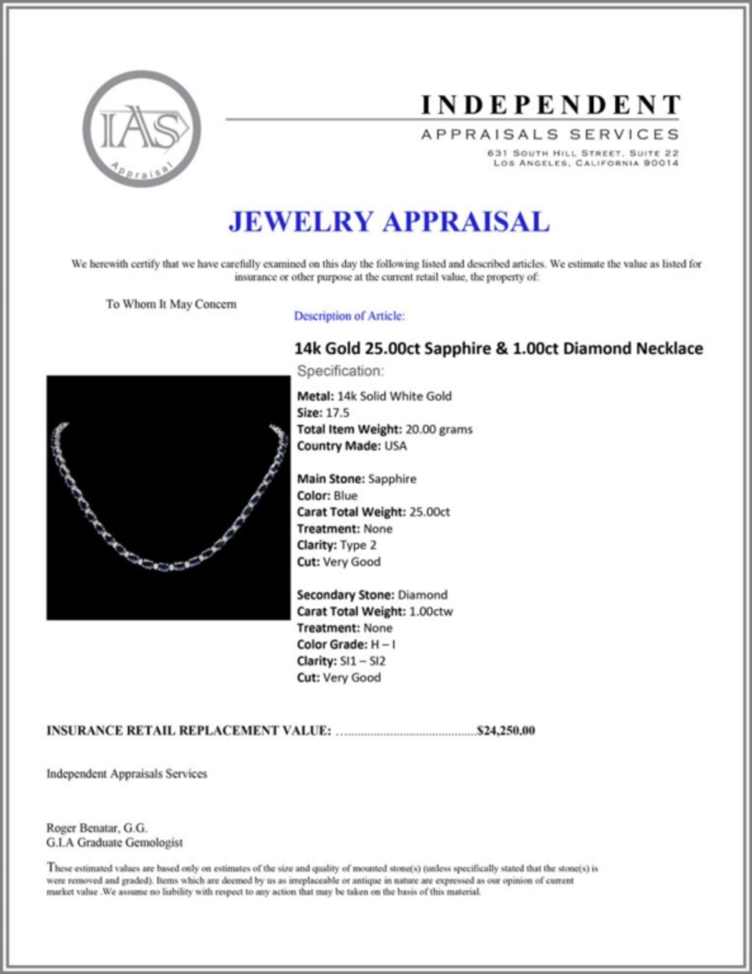 `14k Gold 25.00ct Sapphire & 1.00ct Diamond Neckla - Image 5 of 5