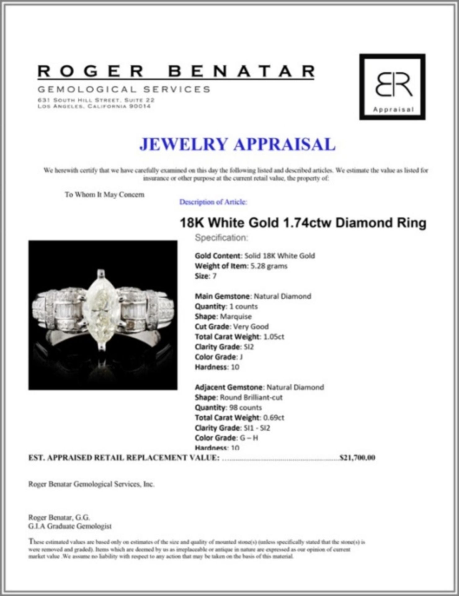 18K White Gold 1.74ctw Diamond Ring - Image 4 of 4