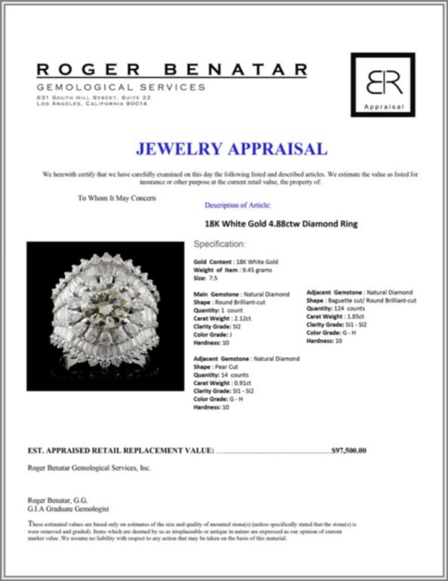 18K White Gold 4.88ctw Diamond Ring - Image 4 of 4