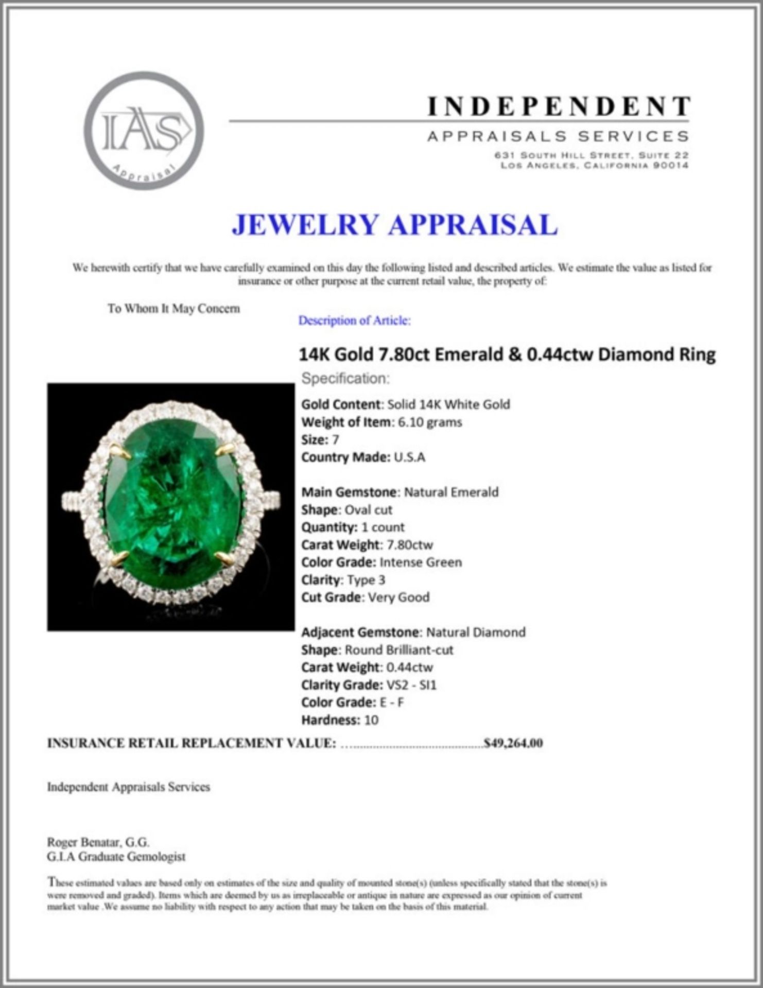 14K Gold 7.80ct Emerald & 0.44ctw Diamond Ring - Image 5 of 5
