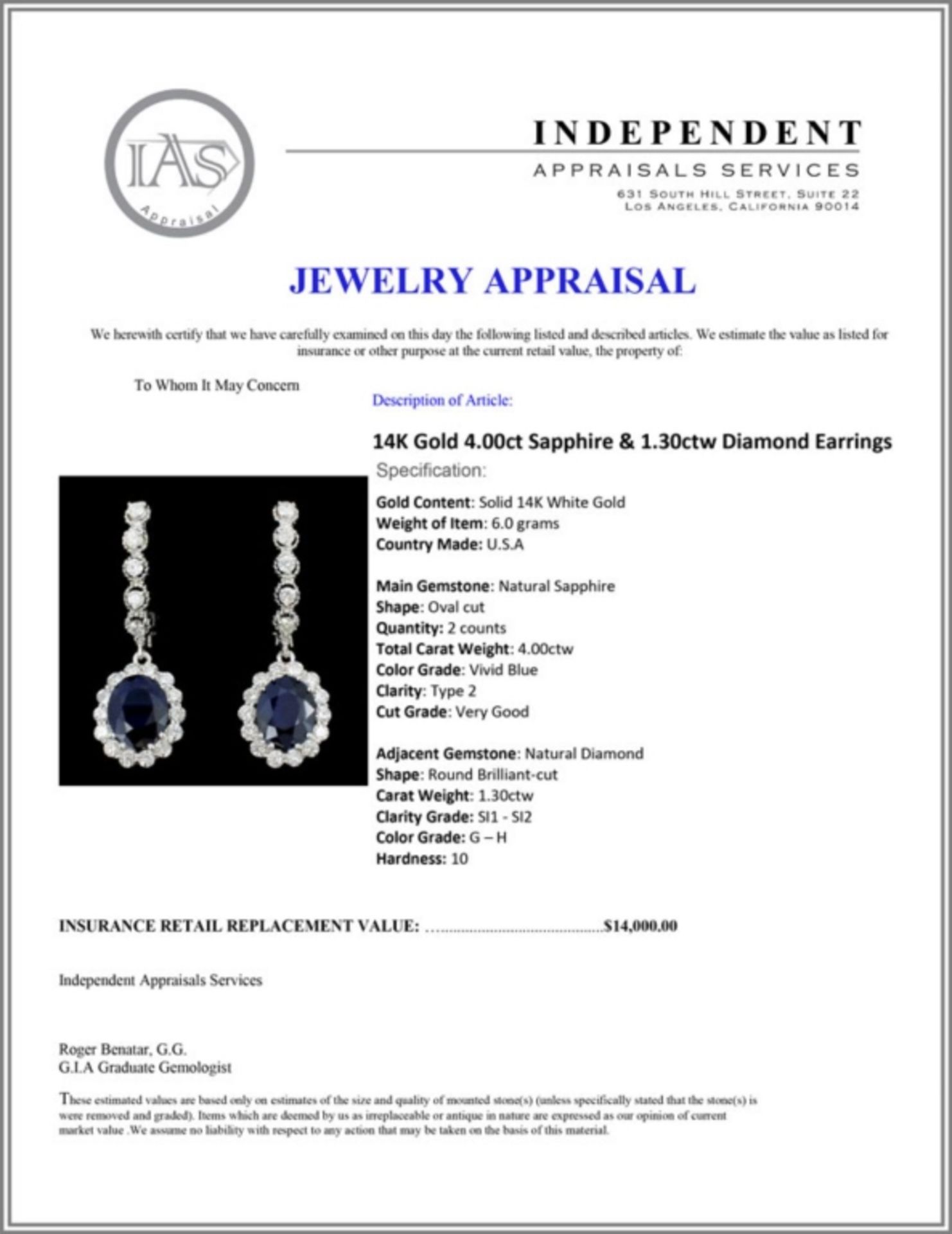 14K Gold 4.00ct Sapphire & 1.30ctw Diamond Earring - Image 3 of 3