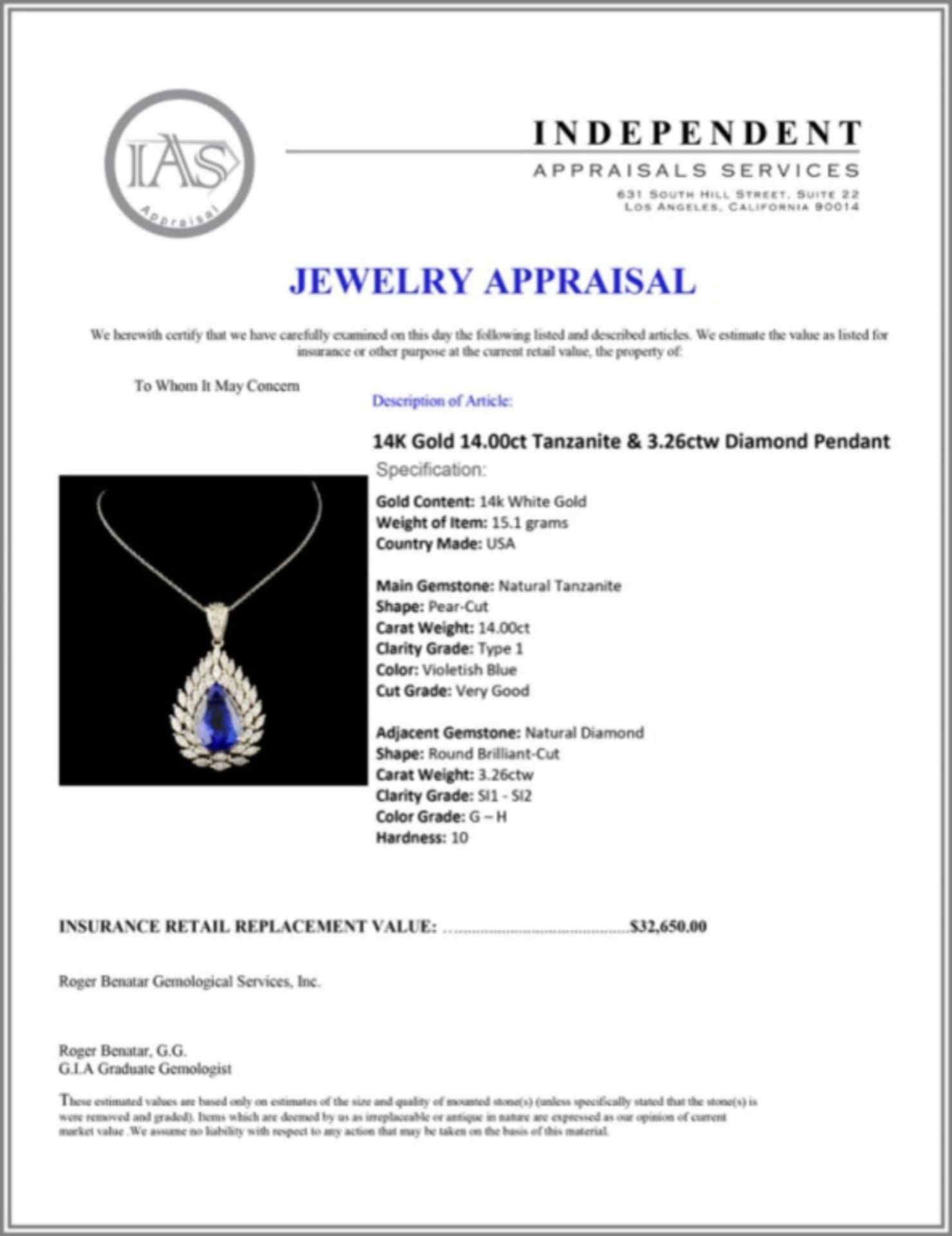 14K Gold 14.00ct Tanzanite & 3.26ctw Diamond Penda - Image 4 of 4