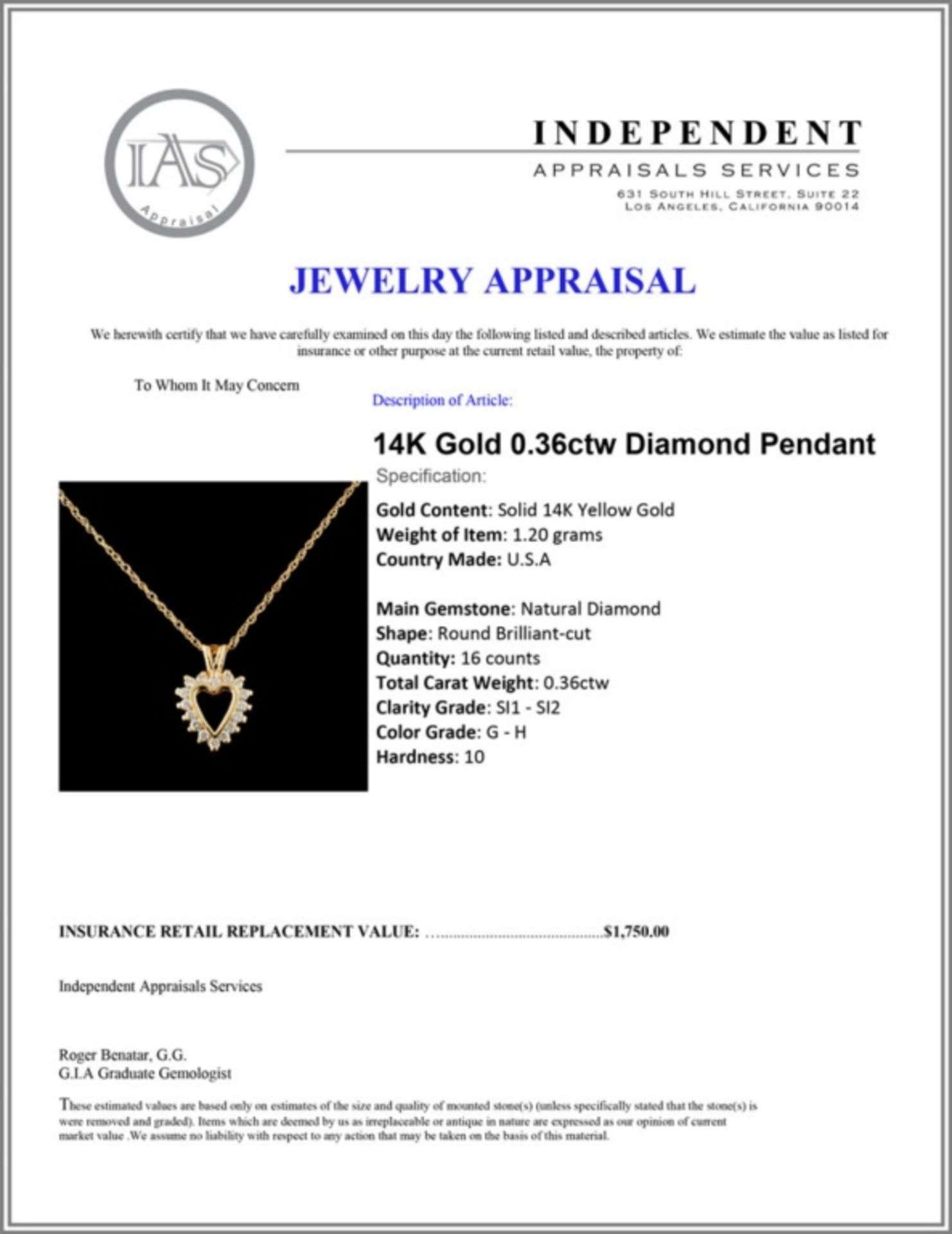 14K Gold 0.36ctw Diamond Pendant - Image 4 of 4