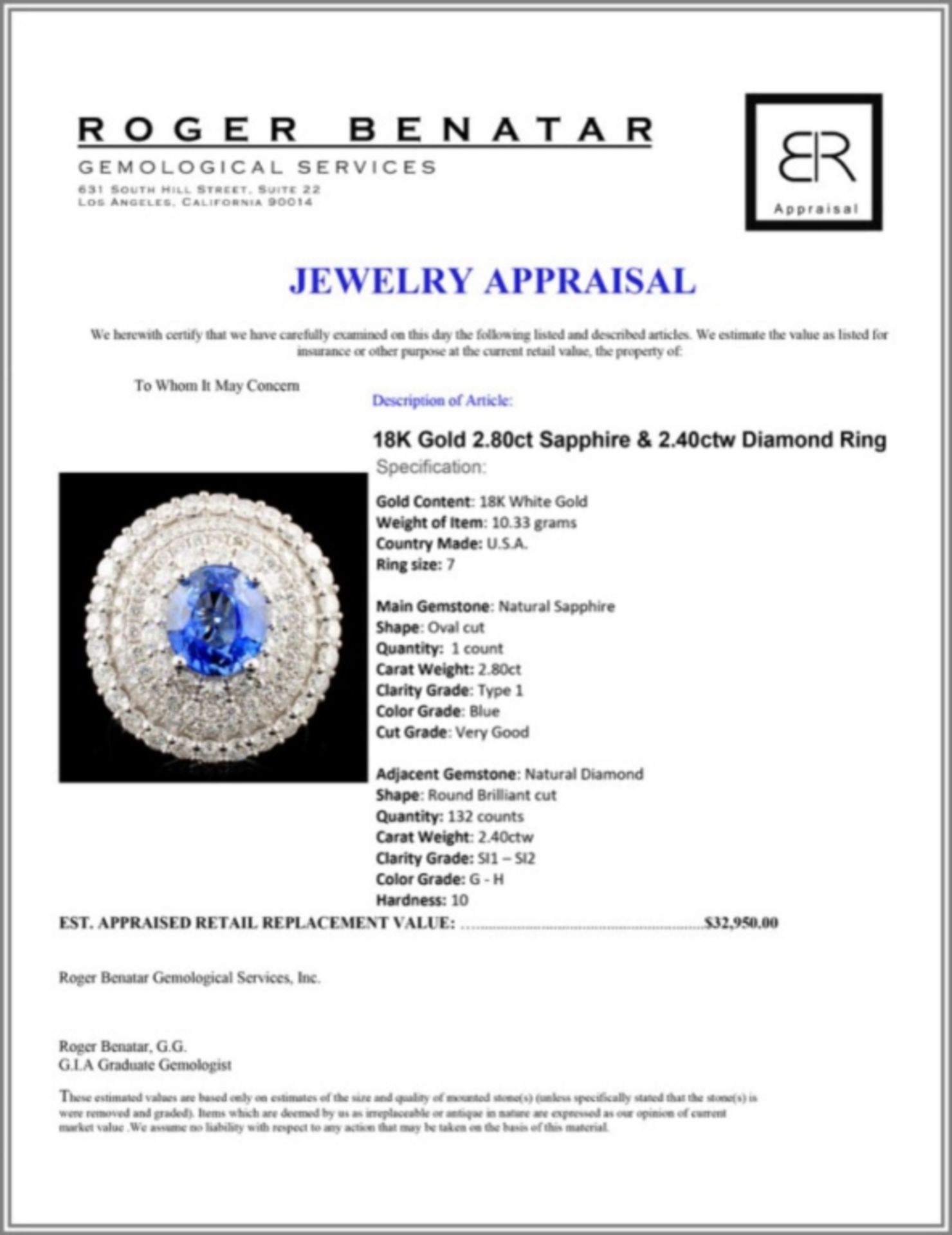 18K Gold 2.80ct Sapphire & 2.40ctw Diamond Ring - Image 4 of 4