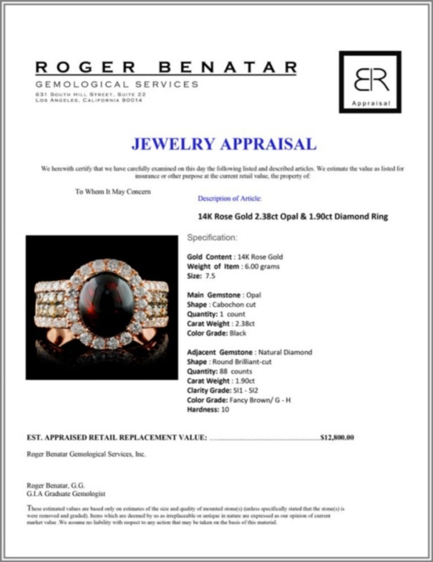 14K Rose Gold 2.38ct Opal & 1.90ct Diamond Ring - Image 4 of 4