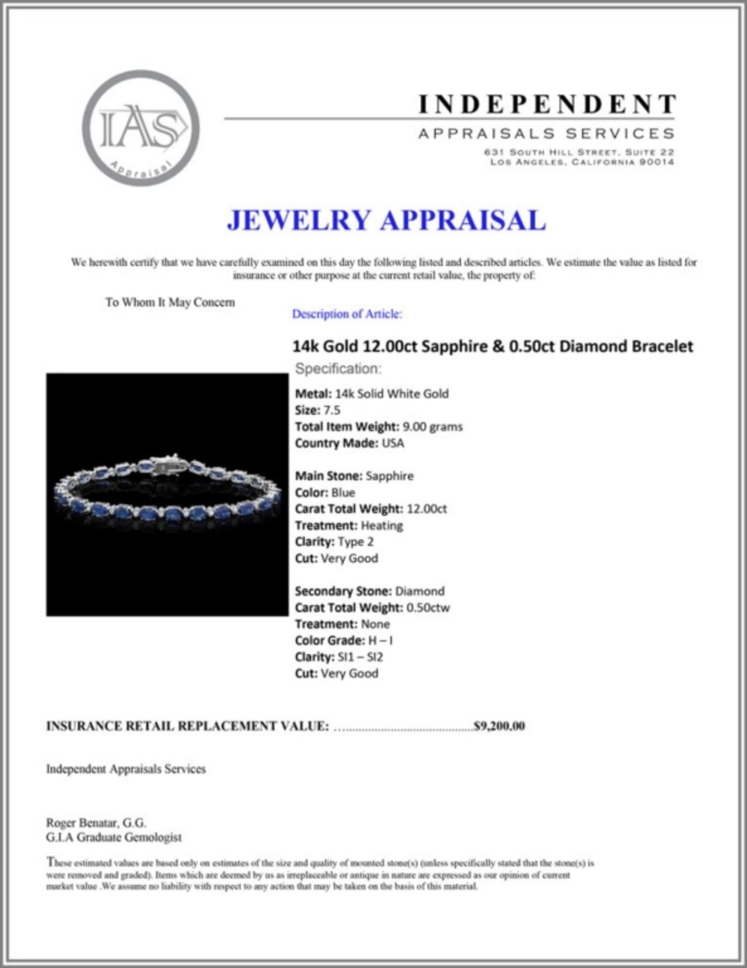 `14k Gold 12.00ct Sapphire & 0.50ct Diamond Bracel - Image 4 of 4