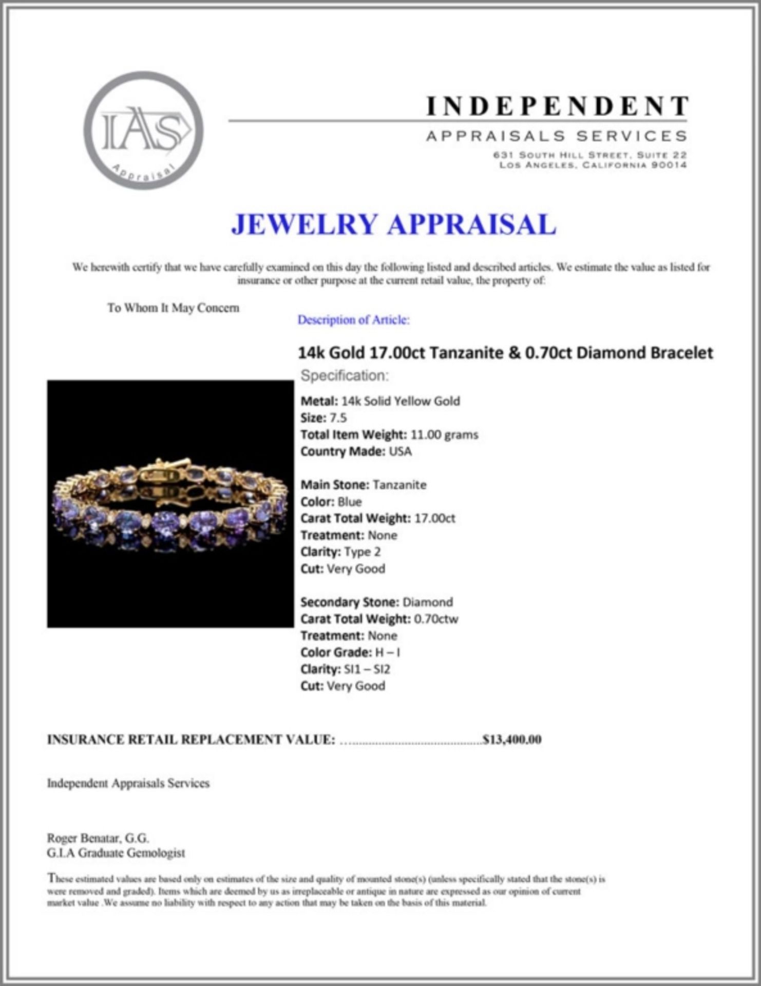 `14k Gold 17.00ct Tanzanite & 0.70ct Diamond Brace - Image 3 of 3