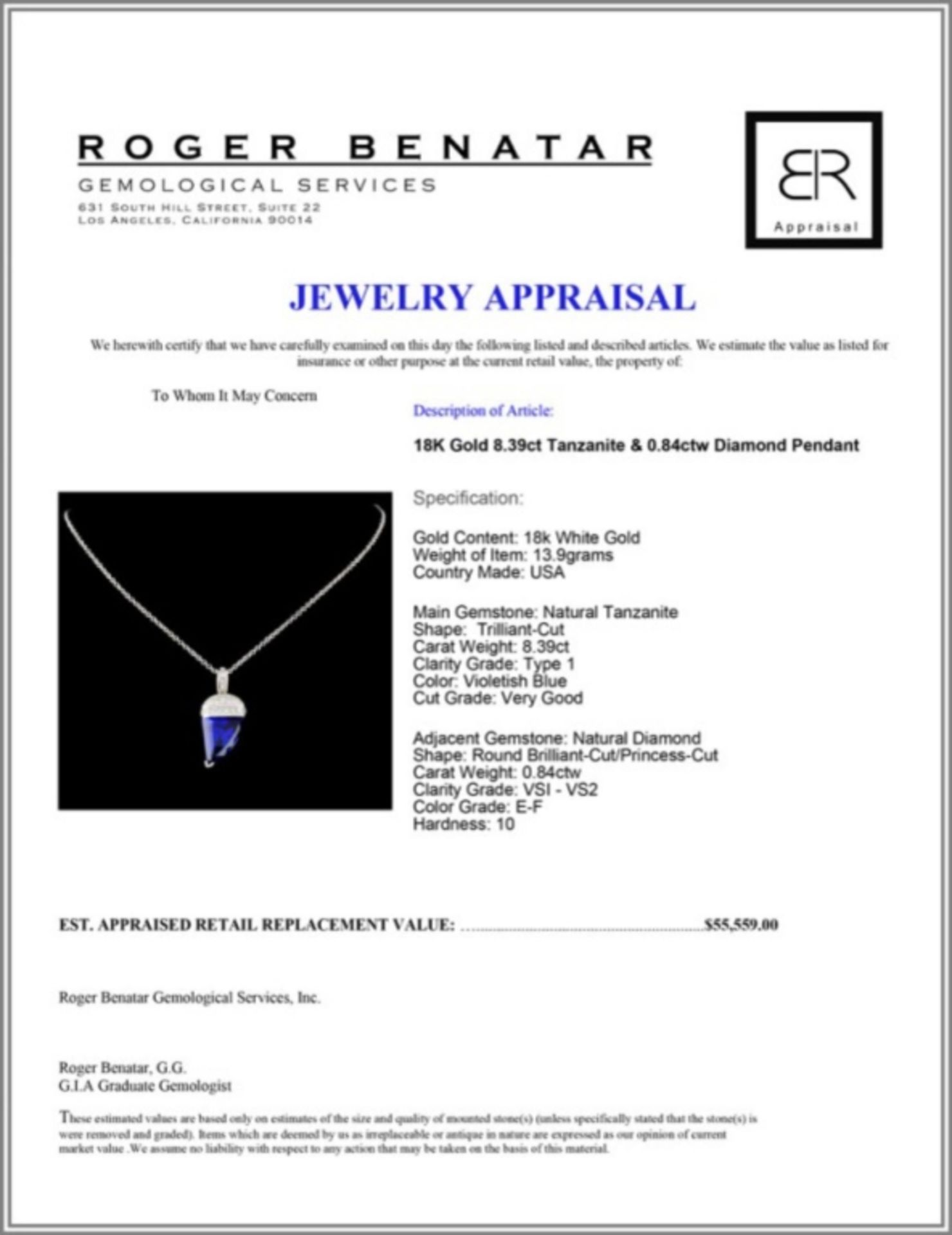 18K Gold 8.39ct Tanzanite & 0.84ctw Diamond Pendan - Image 4 of 4