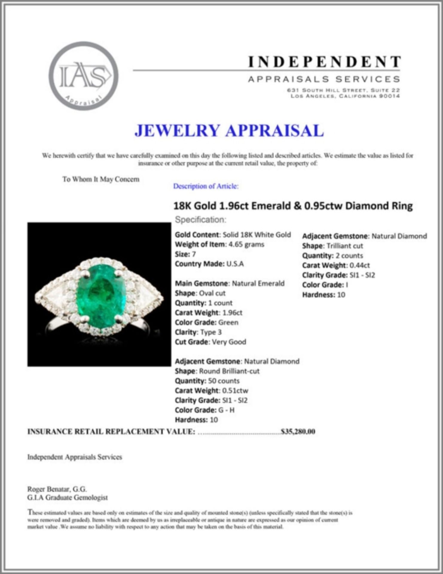 18K Gold 1.96ct Emerald & 0.95ctw Diamond Ring - Image 5 of 5