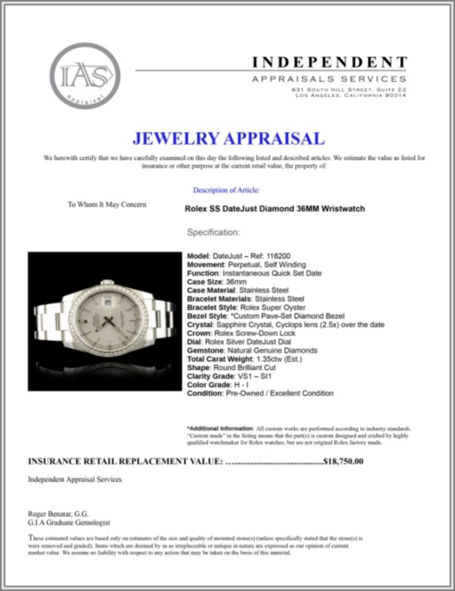 Rolex DateJust 116200 SS 1.35ct Diamond 36MM Watch - Image 6 of 6