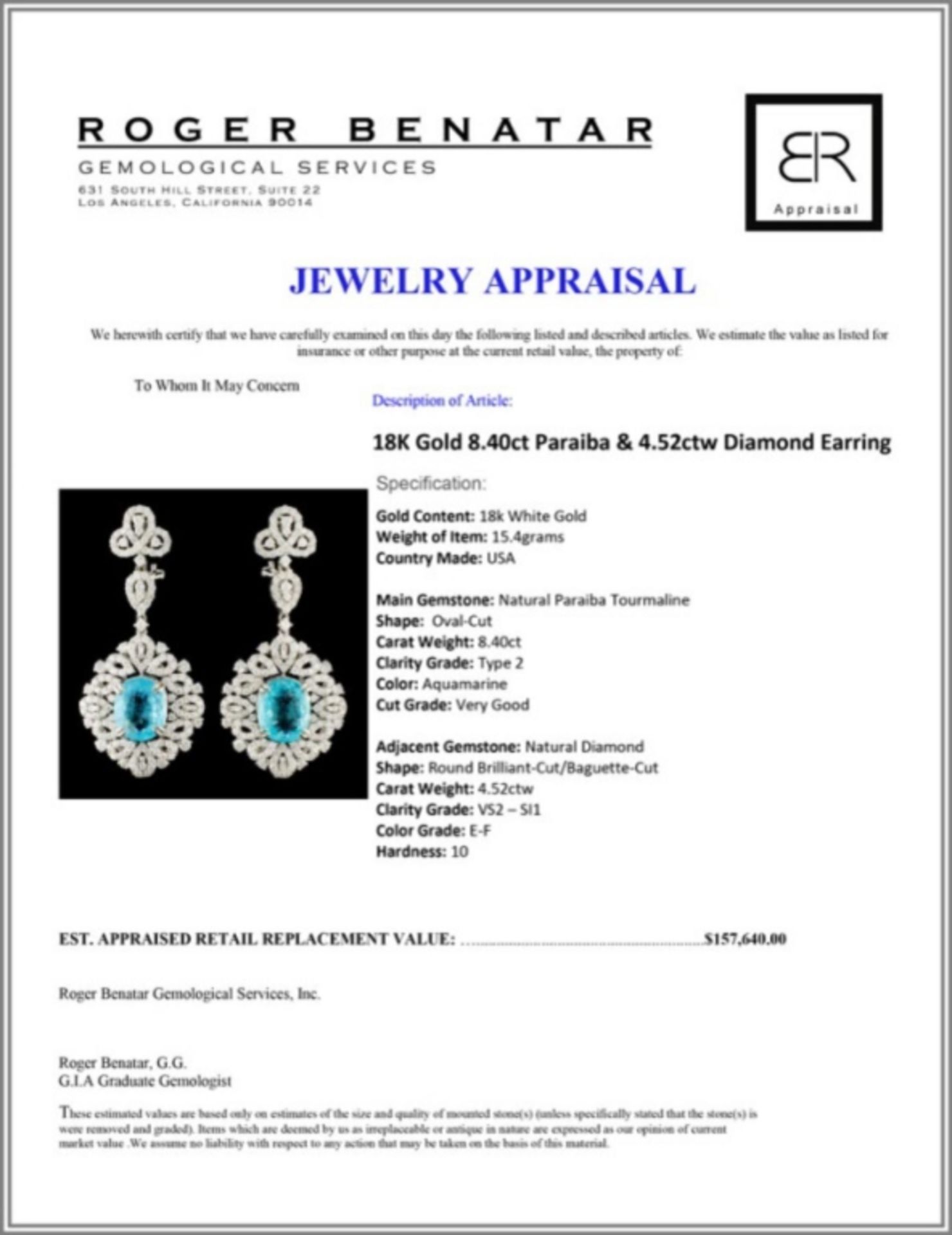 18K Gold 8.40ct Paraiba & 4.52ctw Diamond Earrings - Image 3 of 3