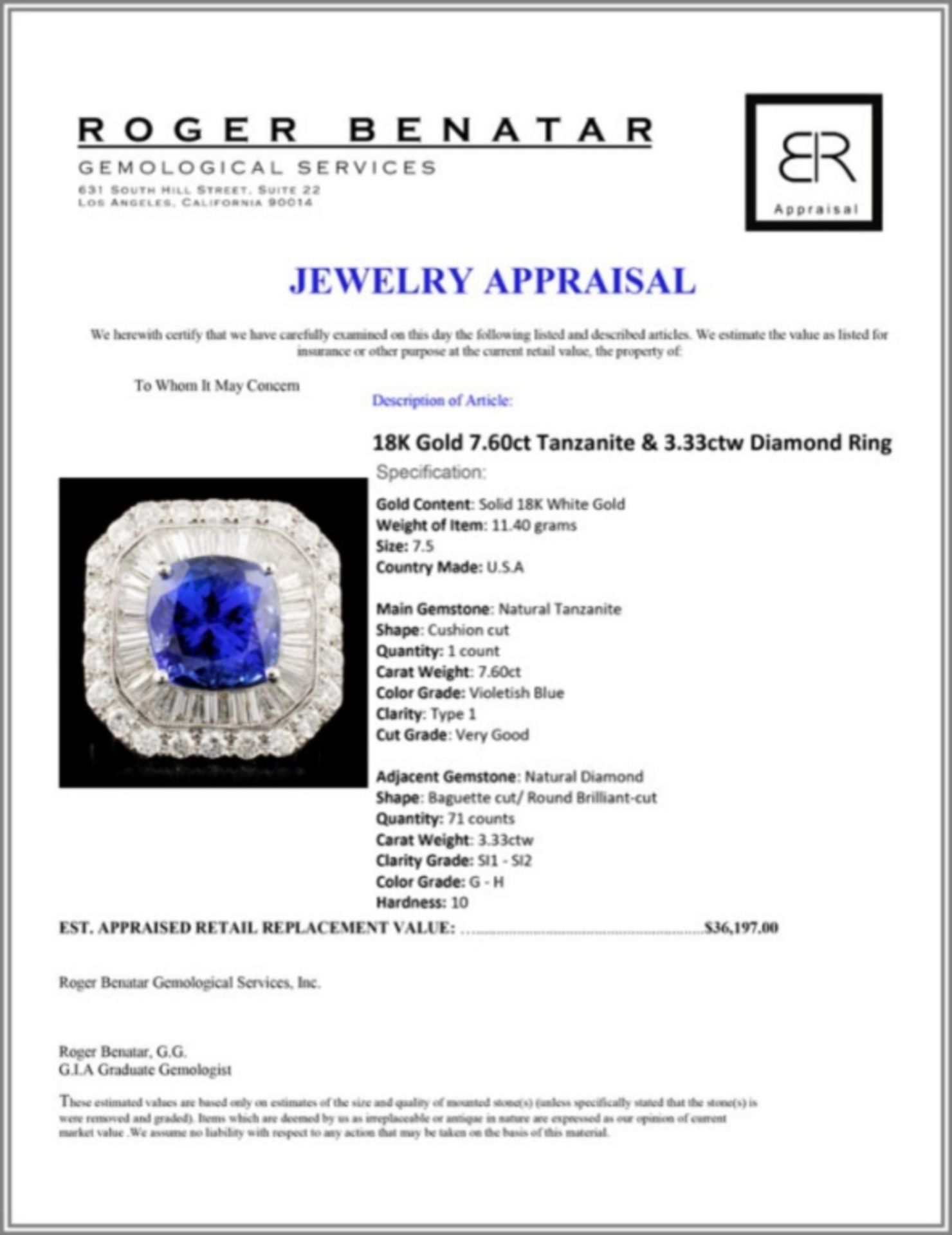 18K Gold 7.60ct Tanzanite & 3.33ctw Diamond Ring - Image 5 of 5