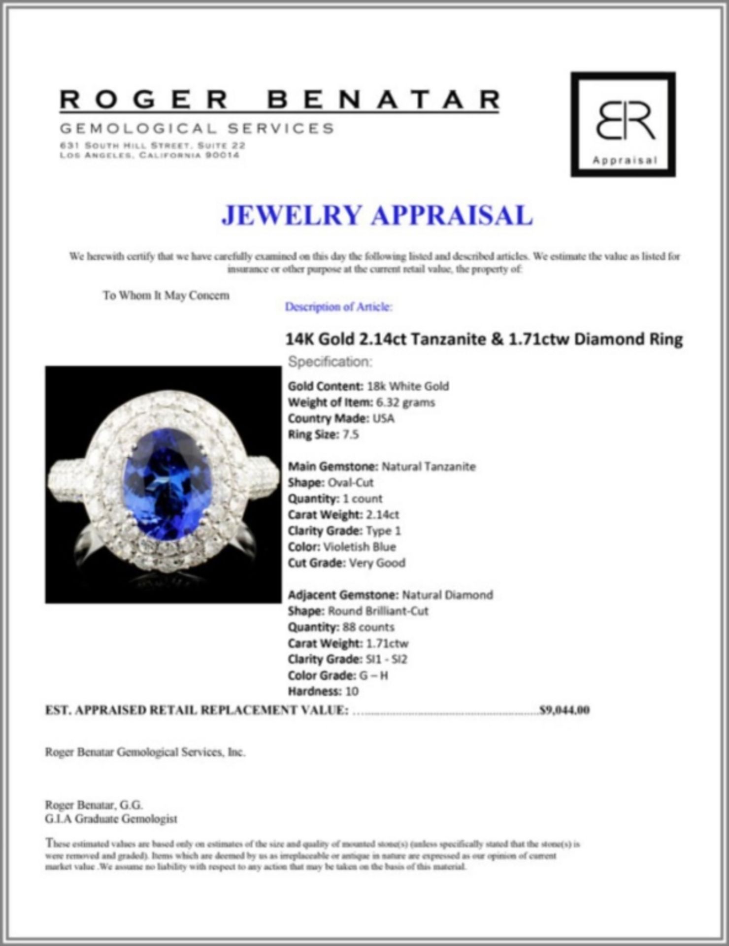 14K Gold 2.14ct Tanzanite & 1.71ctw Diamond Ring - Image 5 of 5