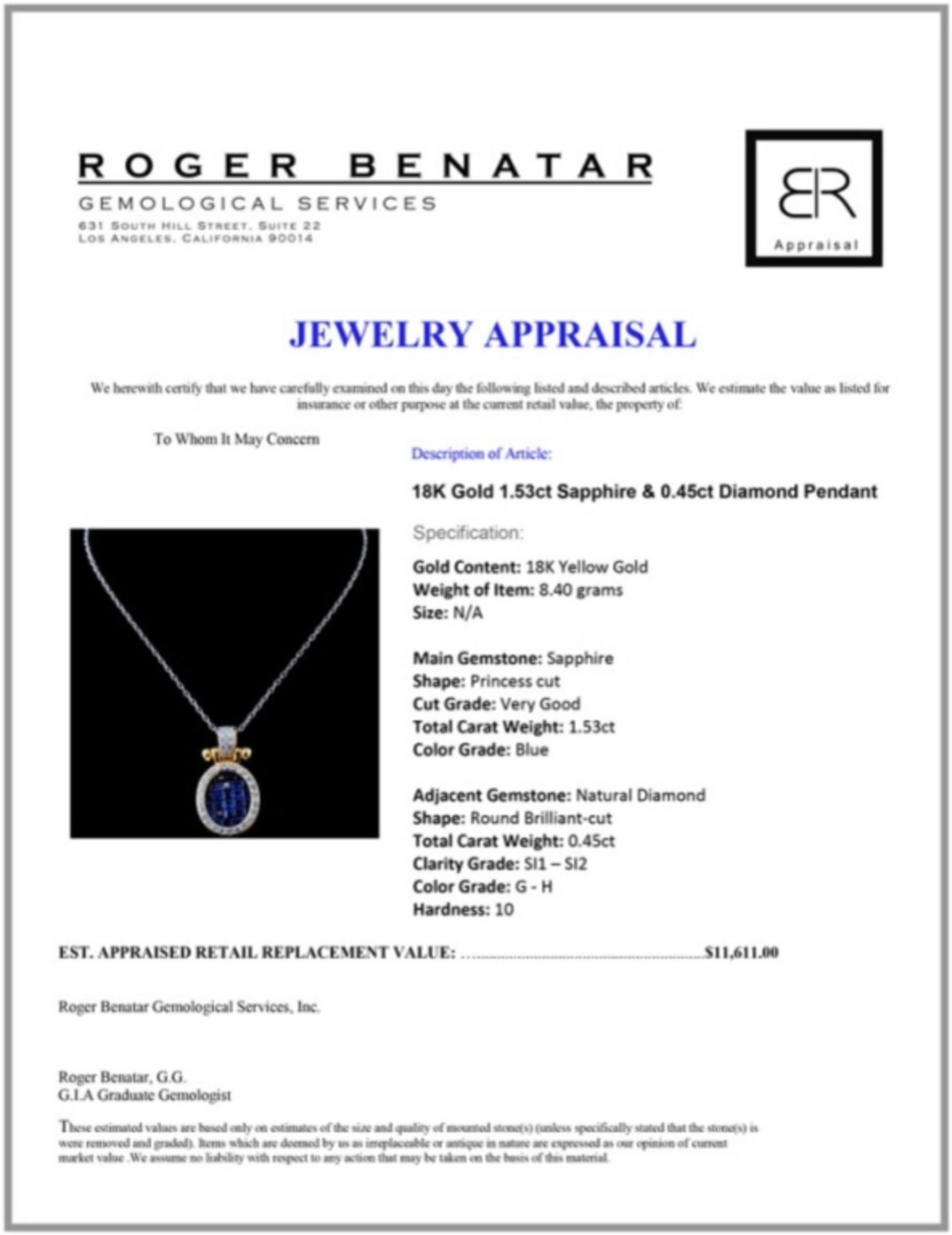 18K Gold 1.53ct Sapphire & 0.45ct Diamond Pendant - Image 3 of 3