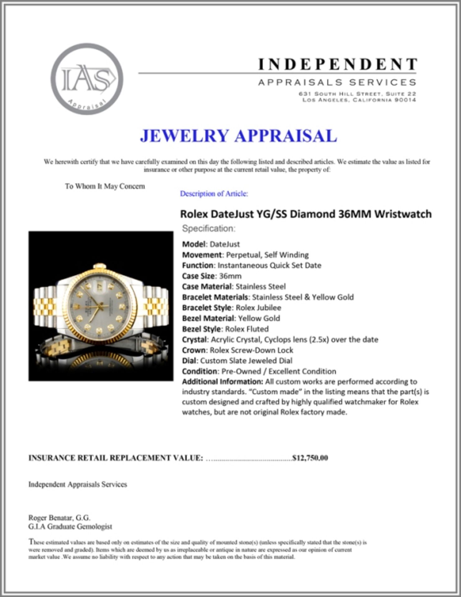 Rolex DateJust YG/SS Diamond 36MM Wristwatch - Image 5 of 5