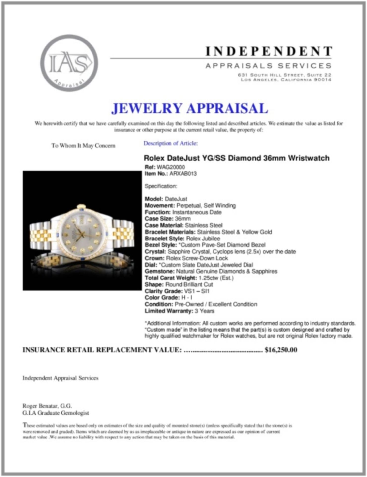Rolex DateJust YG/SS Diamond 36mm Wristwatch - Image 6 of 6