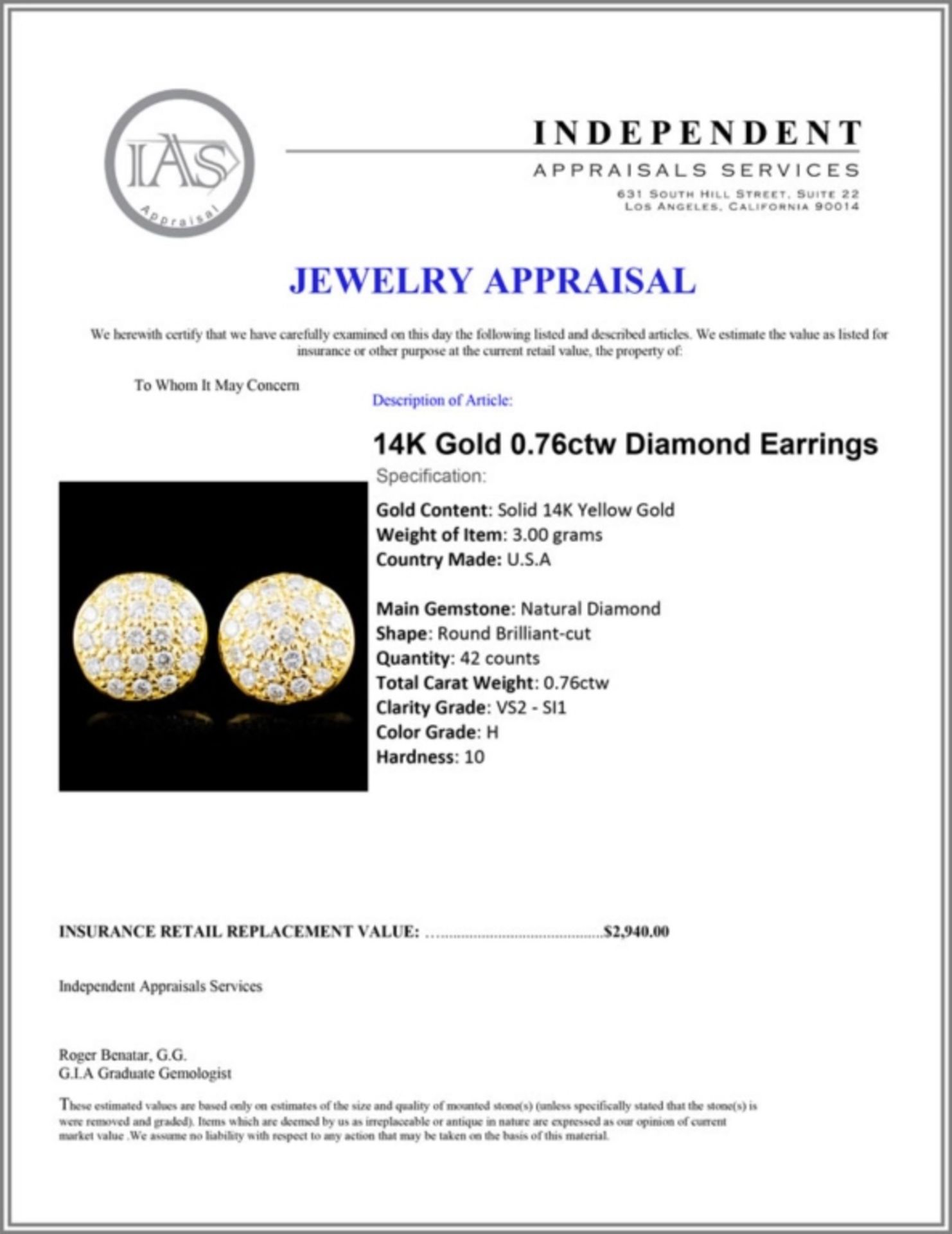 14K Gold 0.76ctw Diamond Earrings - Image 3 of 3