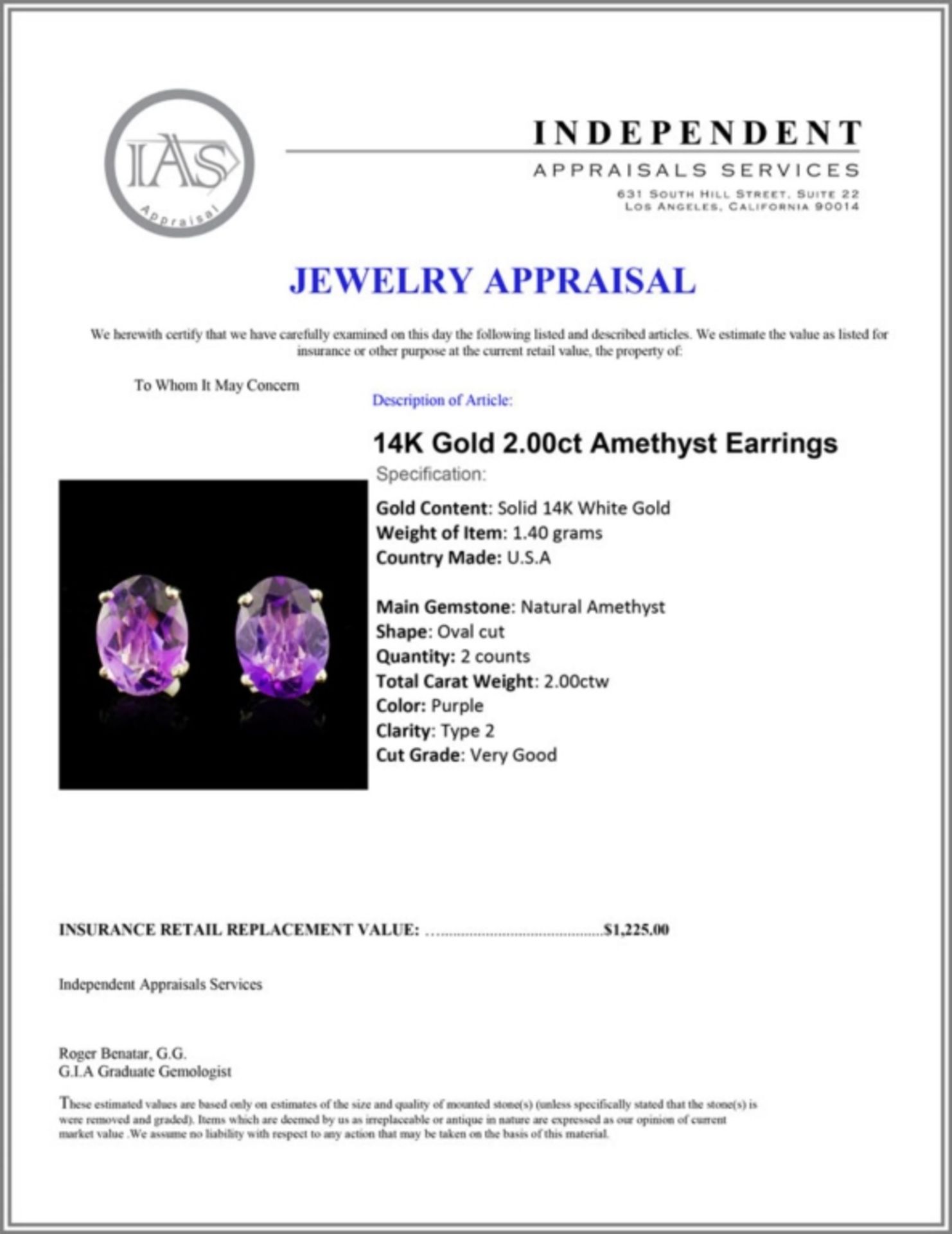 14K Gold 2.00ct Amethyst Earrings - Image 3 of 3