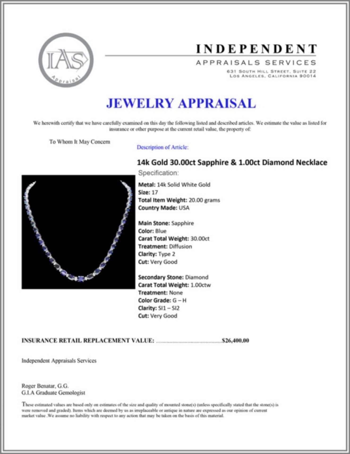`14k Gold 30.00ct Sapphire & 1.00ct Diamond Neckla - Image 4 of 4