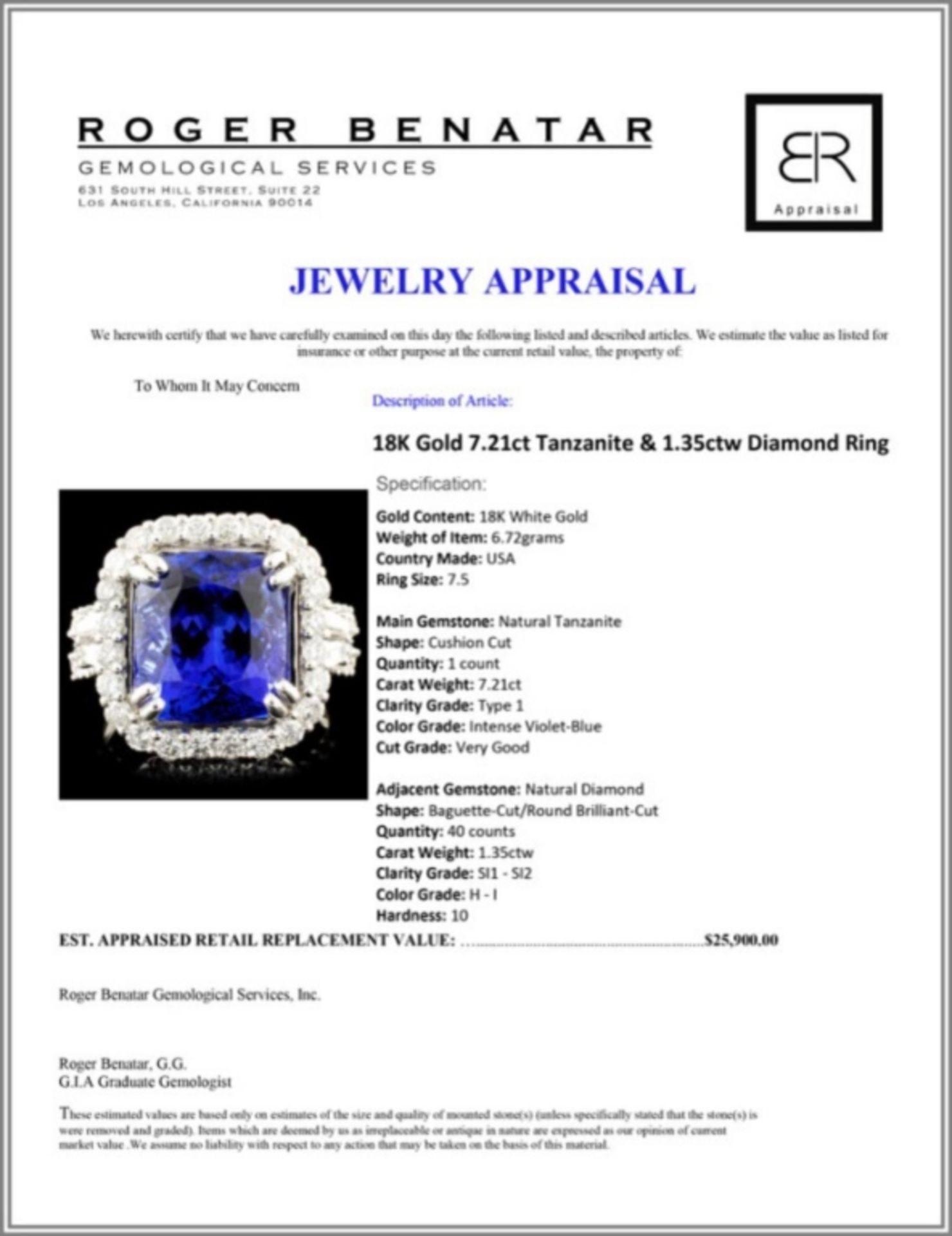 18K Gold 7.21ct Tanzanite & 1.35ctw Diamond Ring - Image 5 of 5
