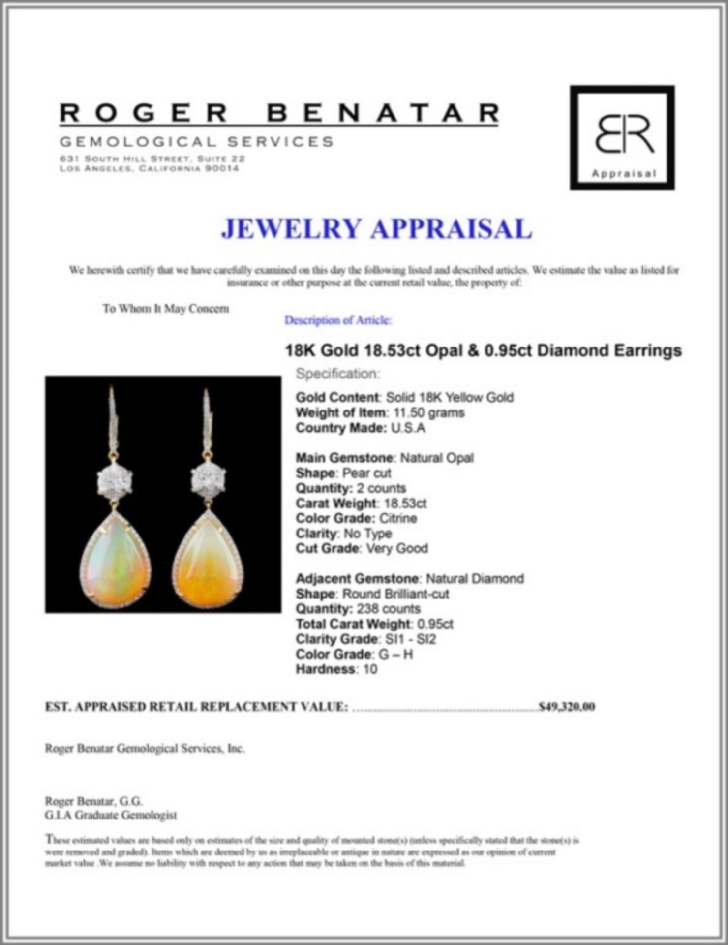 18K Gold 18.53ct Opal & 0.95ct Diamond Earrings - Image 3 of 3