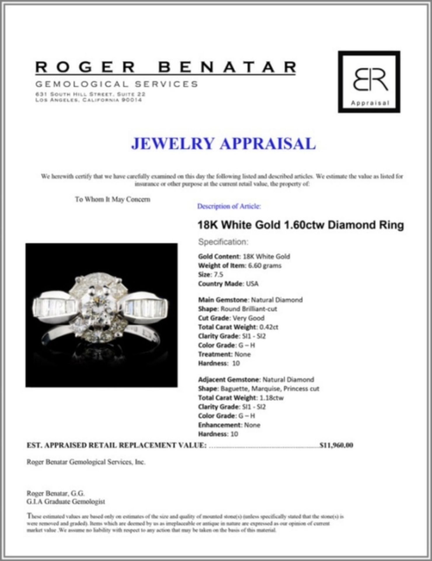 18K White Gold 1.60ctw Diamond Ring - Image 4 of 4