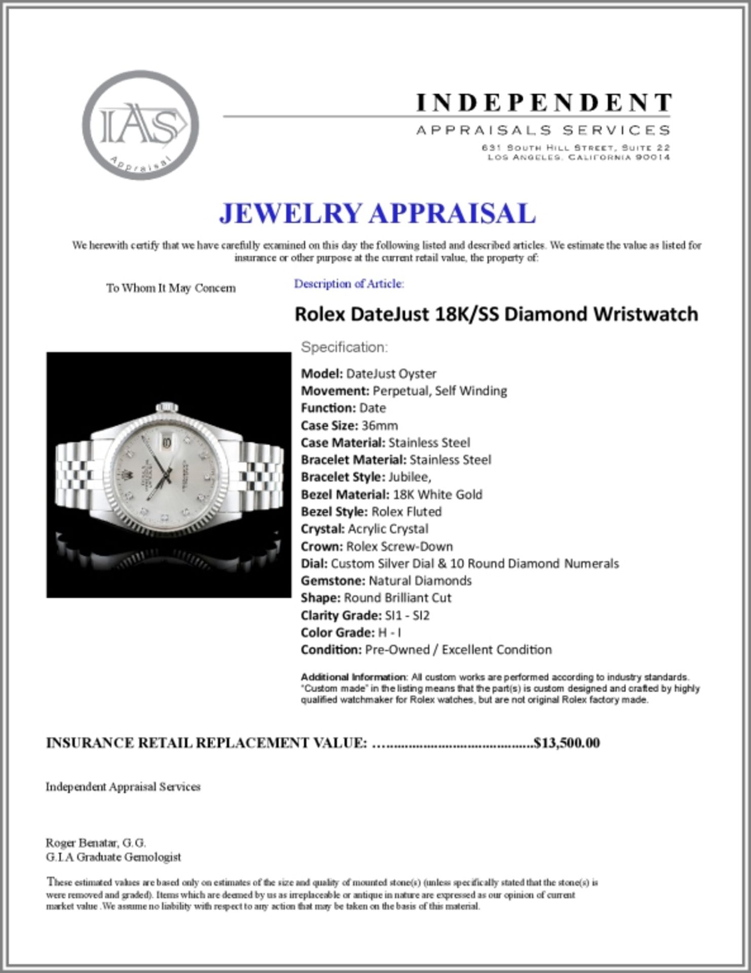 Rolex DateJust 18K/SS Diamond 36mm Wristwatch - Image 7 of 7