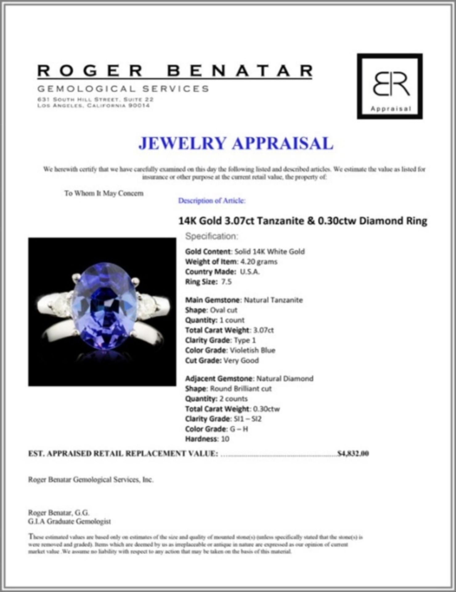 14K Gold 3.07ct Tanzanite & 0.30ctw Diamond Ring - Image 4 of 4