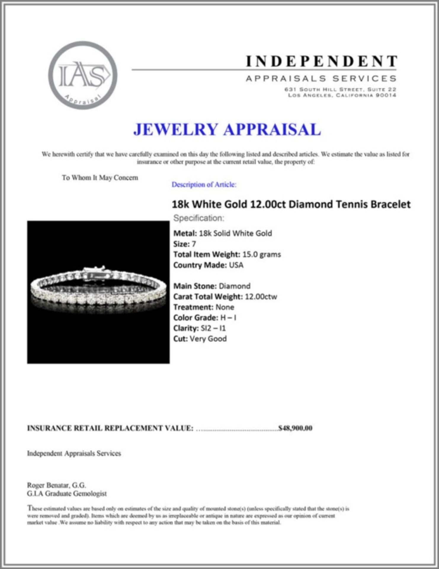 18k White Gold 12.00ct Diamond Tennis Bracelet - Image 4 of 4