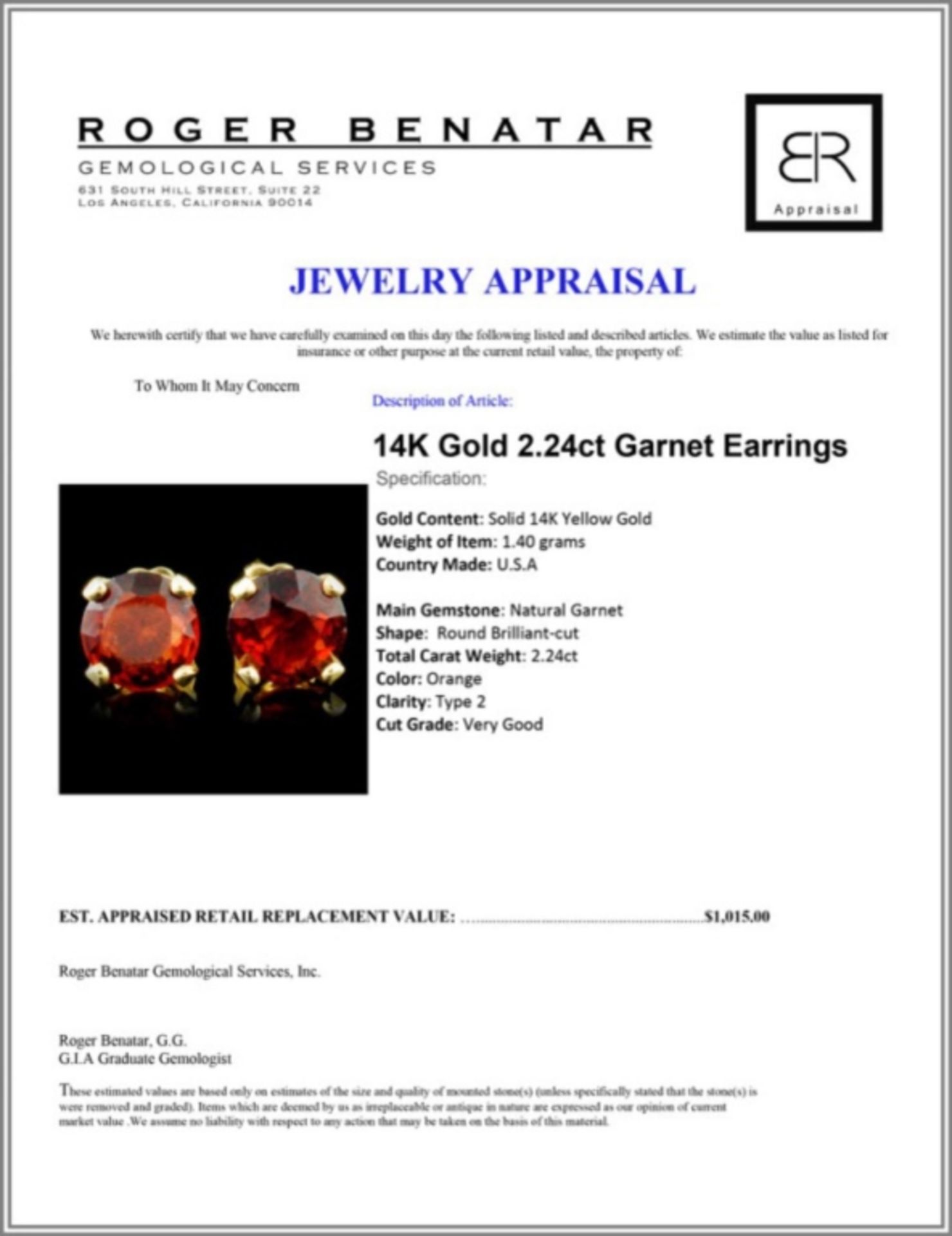 14K Gold 2.24ct Garnet Earrings - Image 3 of 3