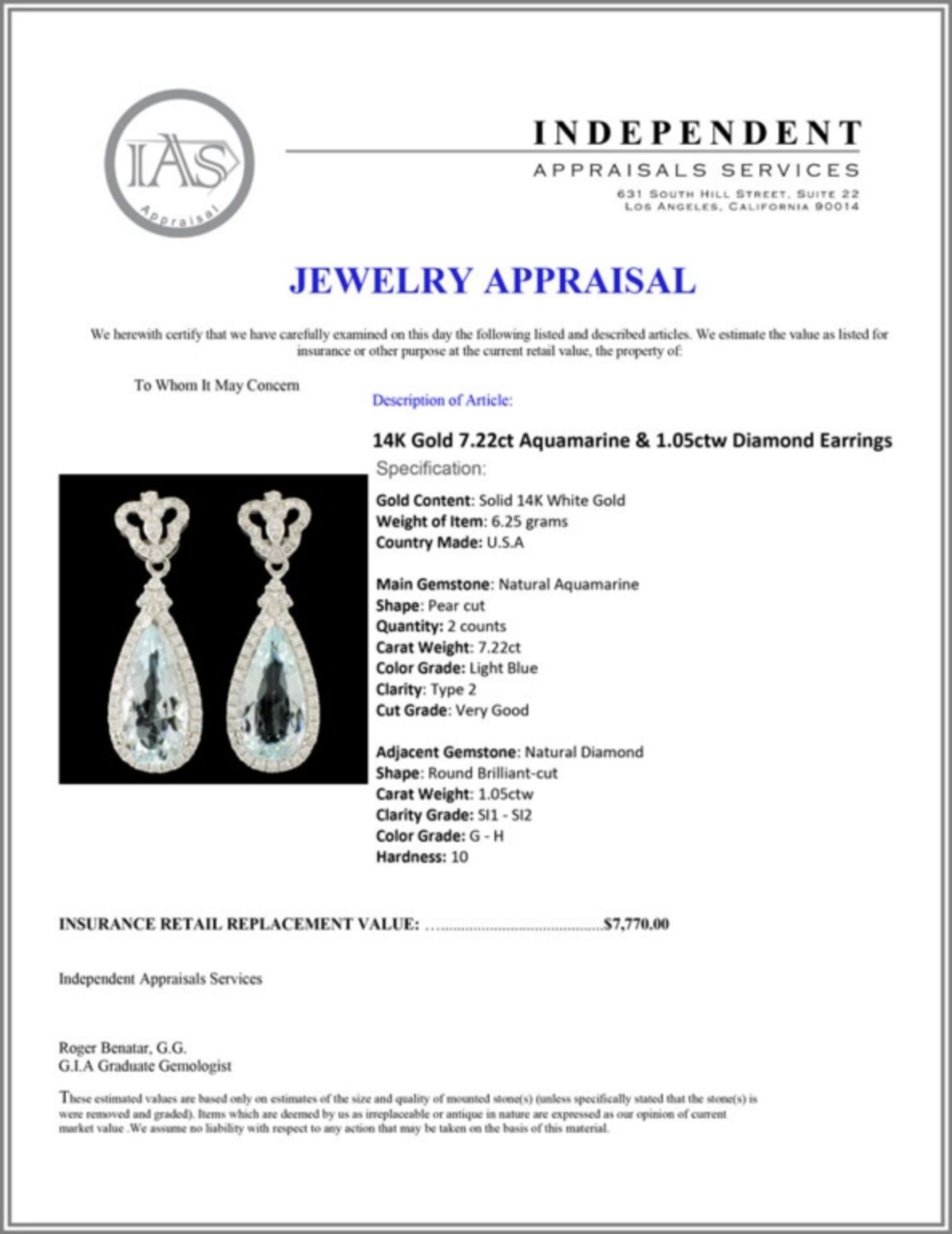 14K Gold 7.22ct Aquamarine & 1.05ctw Diamond Earri - Image 3 of 3