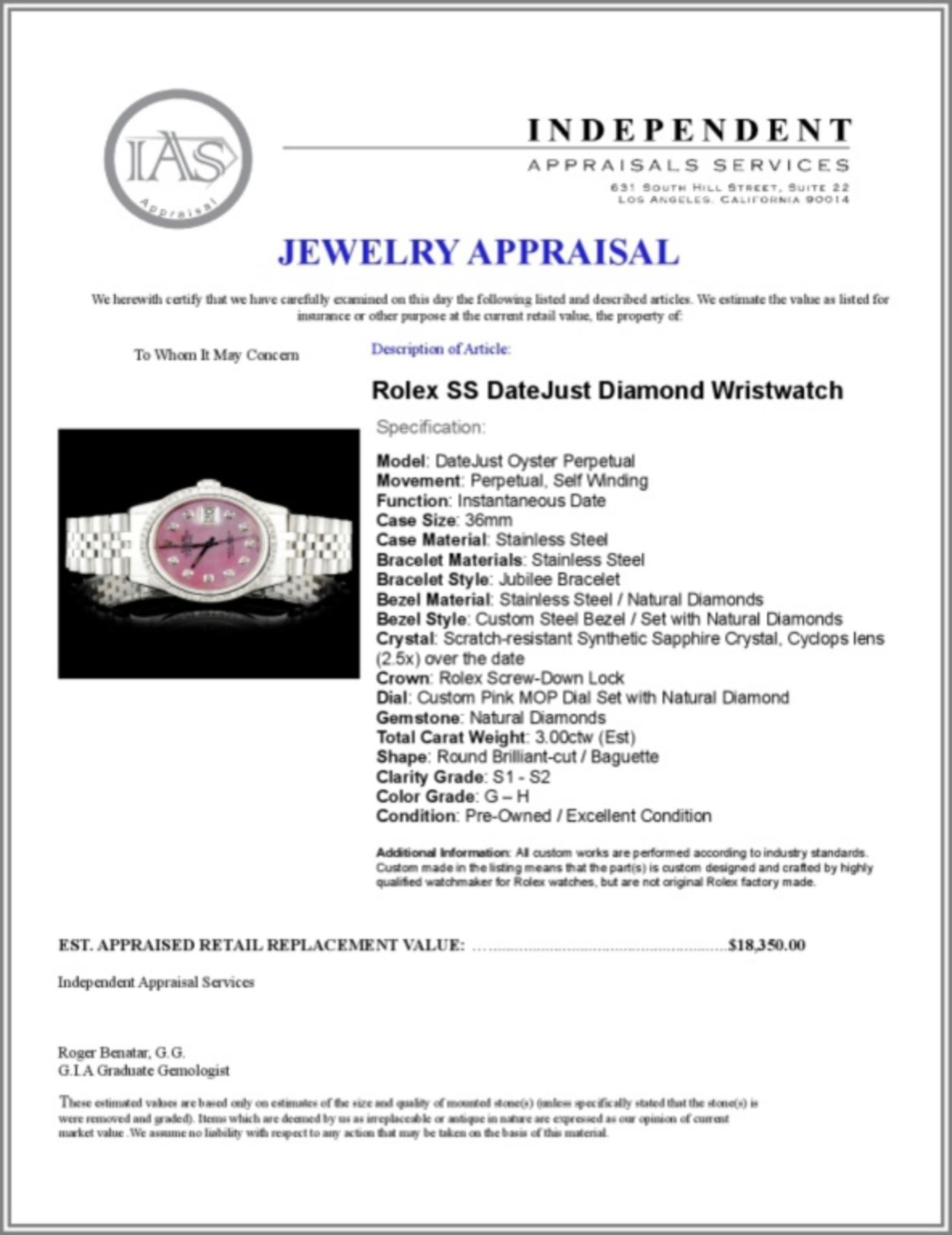 Rolex SS DateJust 3.00ct Diamond 36MM Wristwatch - Image 5 of 5