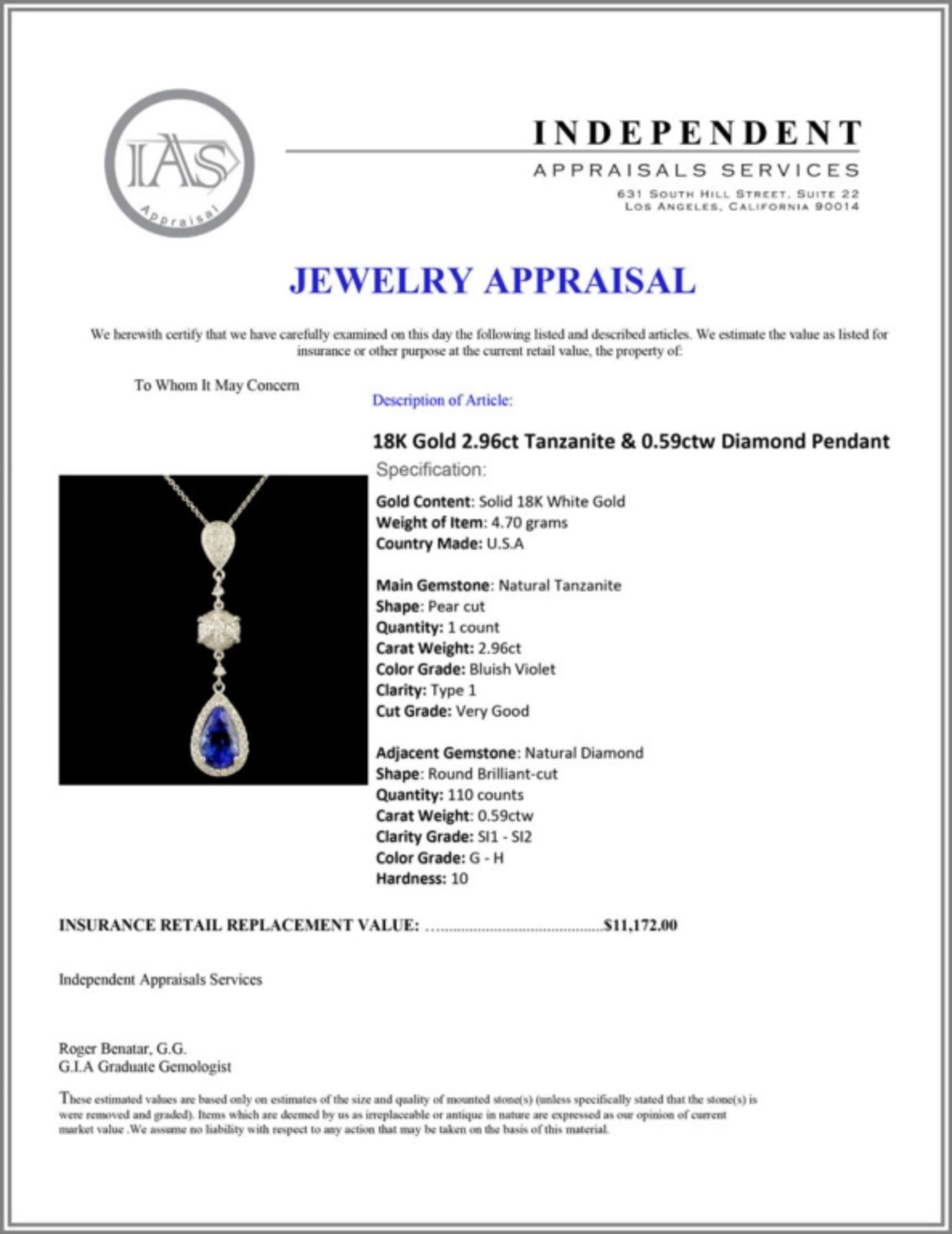 18K Gold 2.96ct Tanzanite & 0.59ctw Diamond Pendan - Image 4 of 4