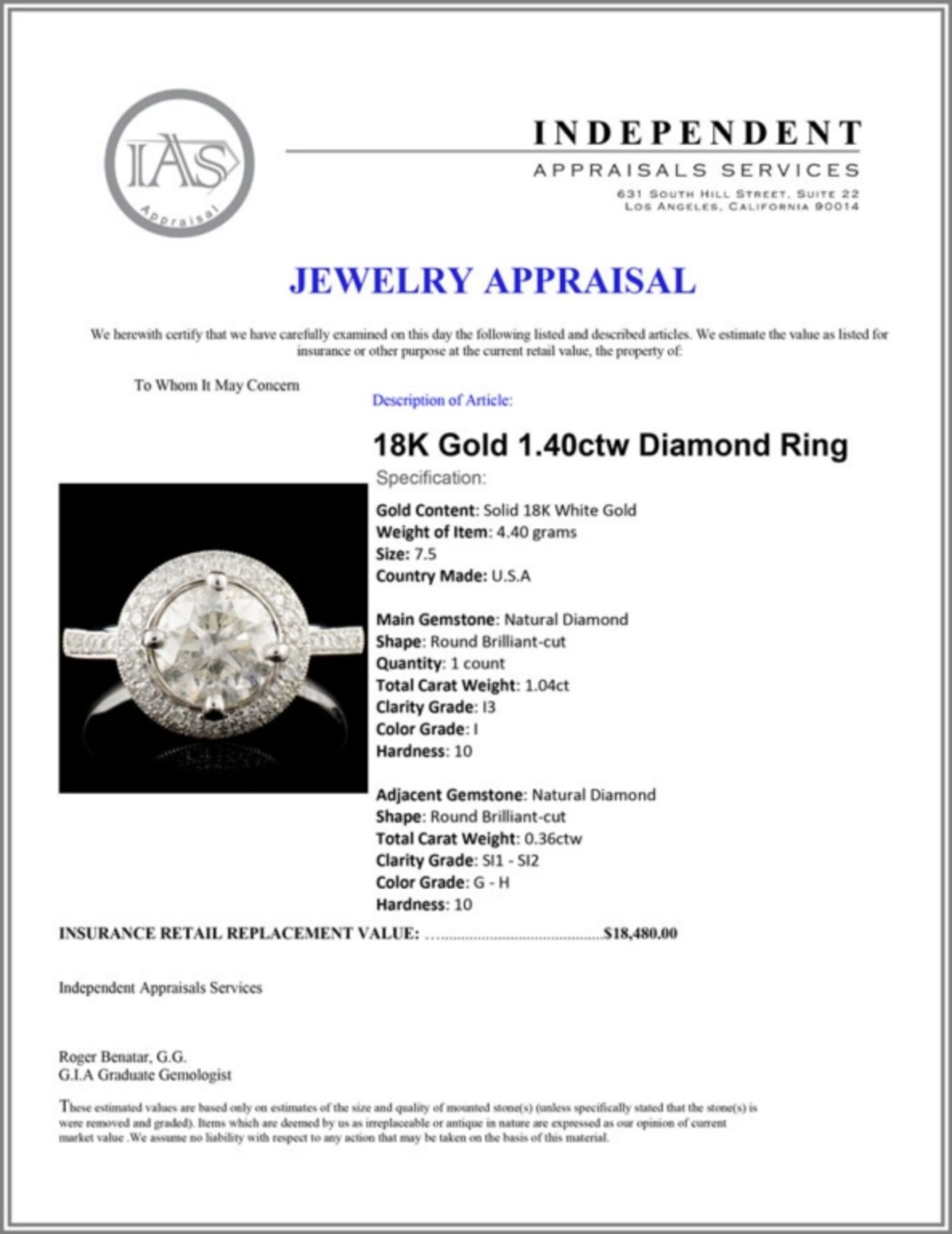 18K Gold 1.40ctw Diamond Ring - Image 5 of 5