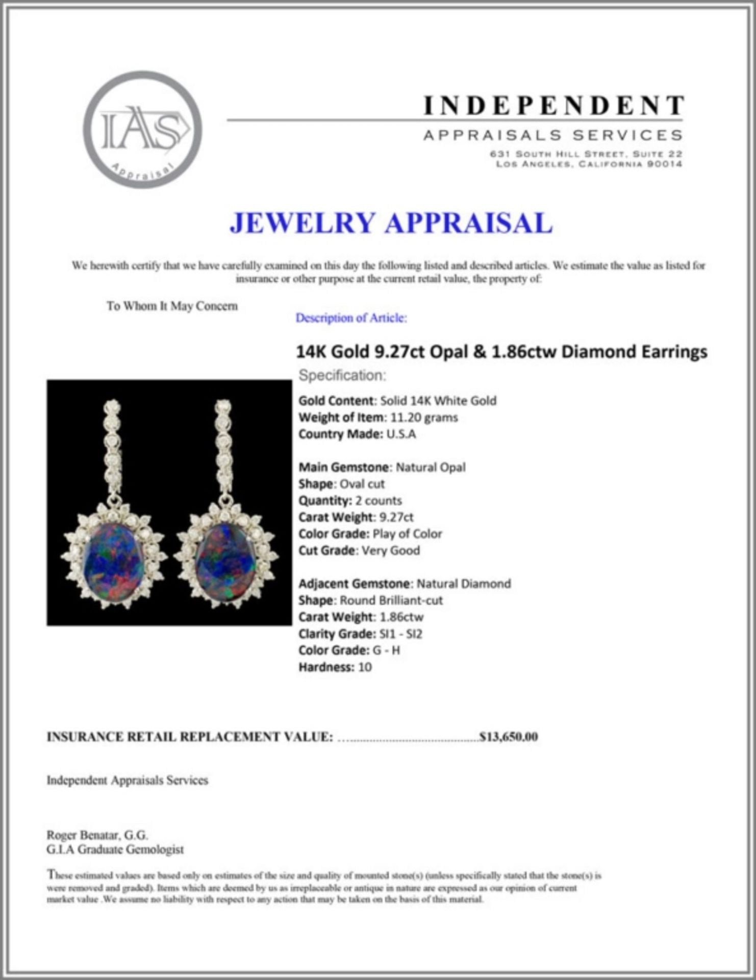 14K Gold 9.27ct Opal & 1.86ctw Diamond Earrings - Image 3 of 3