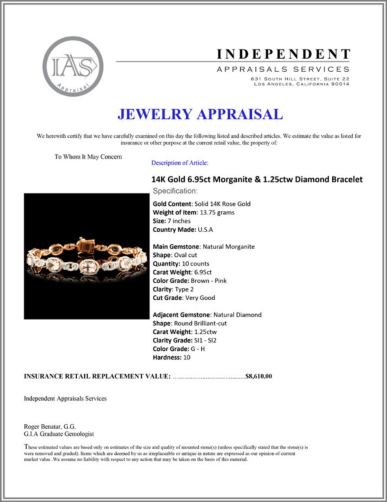14K Gold 6.95ct Morganite & 1.25ctw Diamond Bracel - Image 4 of 4