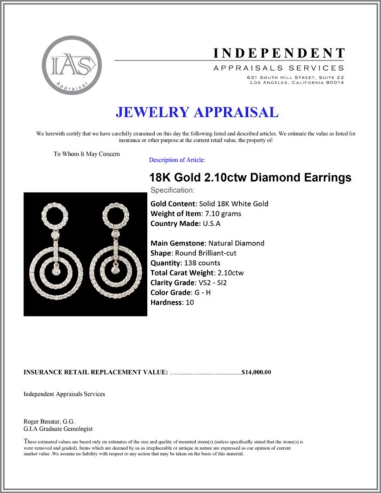 18K Gold 2.10ctw Diamond Earrings - Image 3 of 3