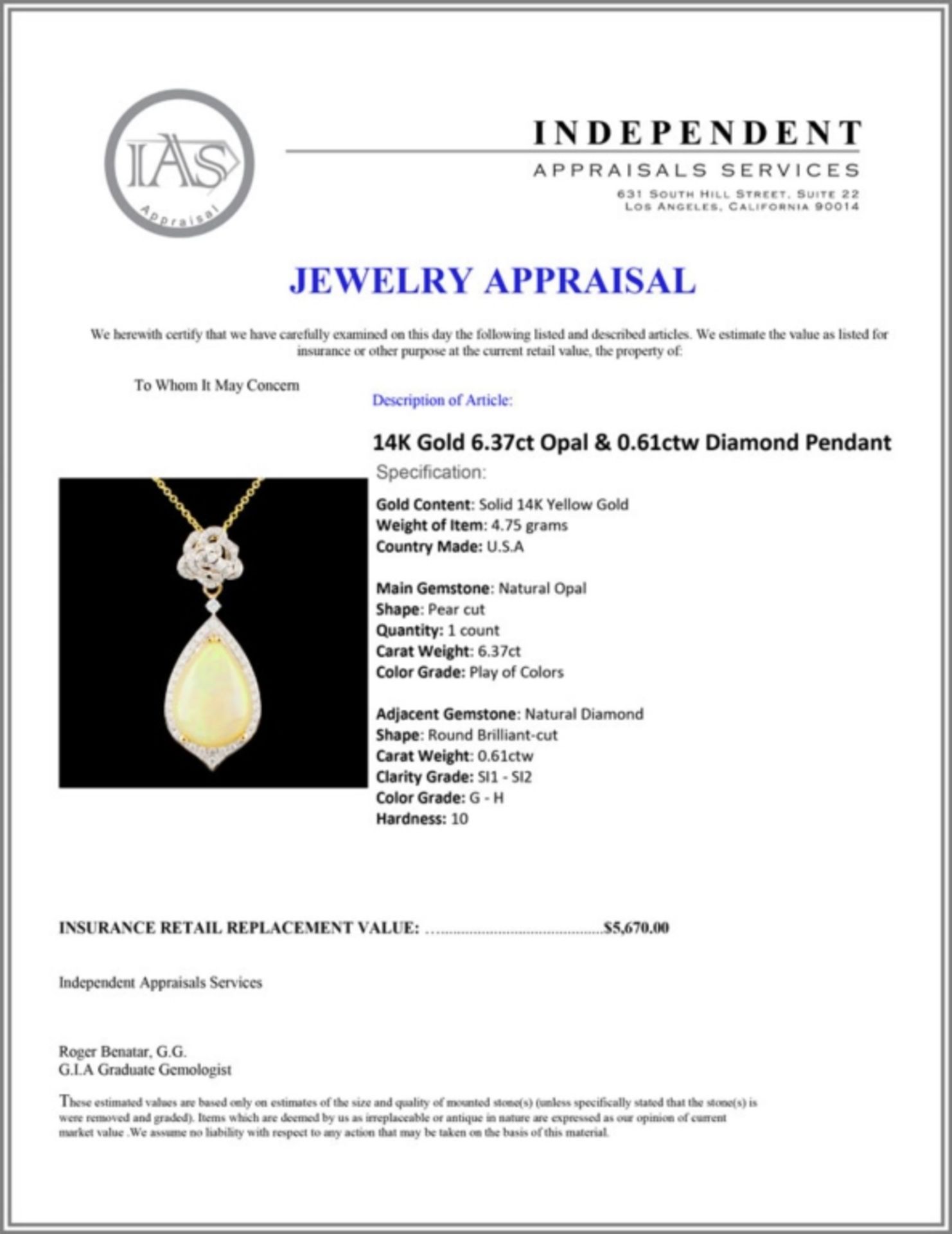 14K Gold 6.37ct Opal & 0.61ctw Diamond Pendant - Image 4 of 4