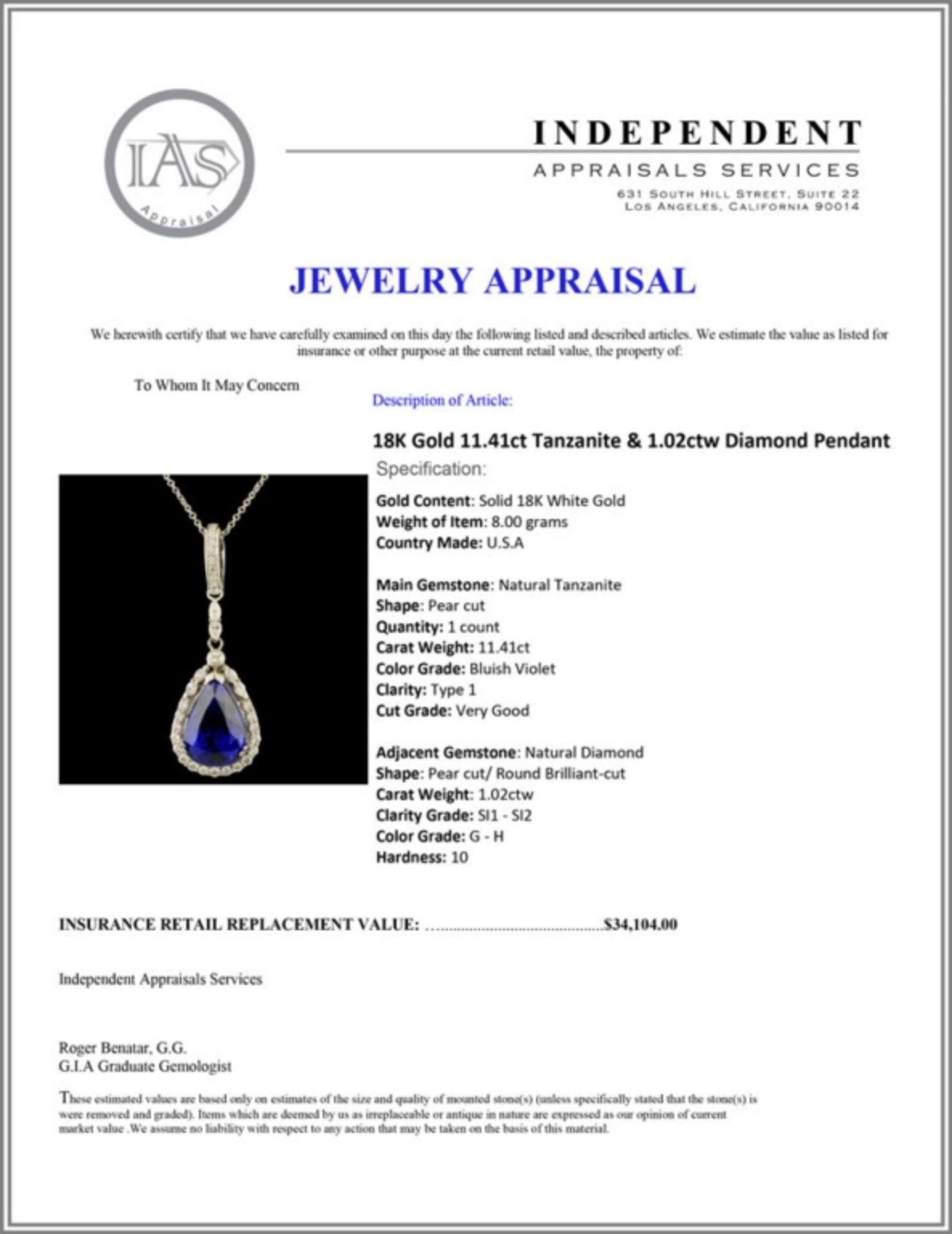 18K Gold 11.41ct Tanzanite & 1.02ctw Diamond Penda - Image 4 of 4