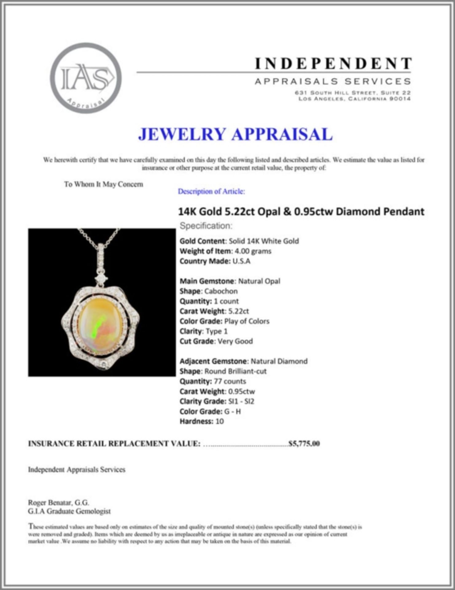 14K Gold 5.22ct Opal & 0.95ctw Diamond Pendant - Image 4 of 4