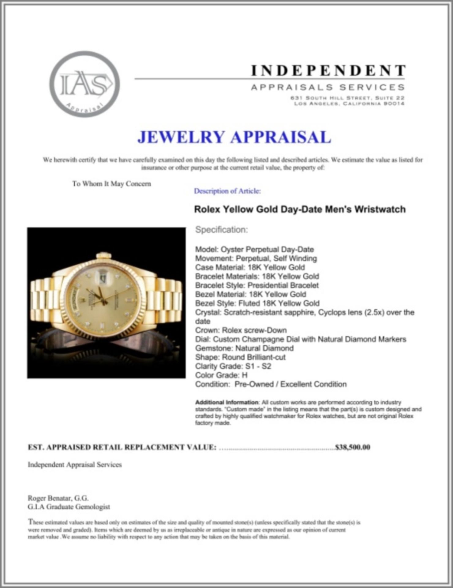 Rolex 18K DayDate Men's Diamond Wristwatch - Image 5 of 5