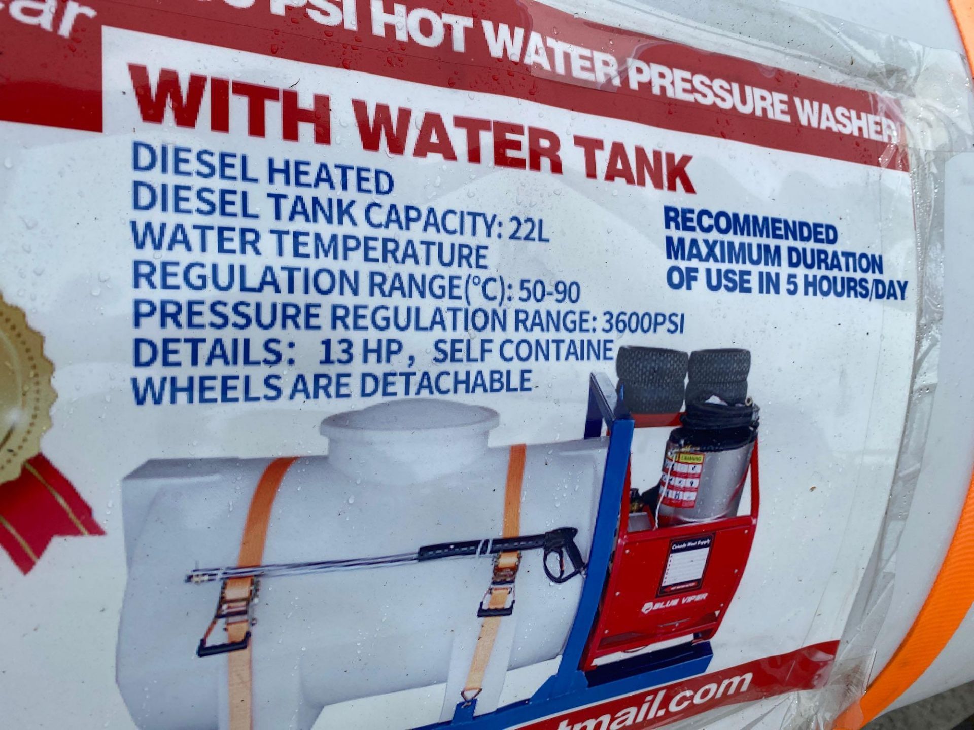 UNUSED SELF CONTAINED HOT WATER PRESSURE WASHER WITH WATER TANK, 3600PSI, 50-90 DEG. C - Image 10 of 10