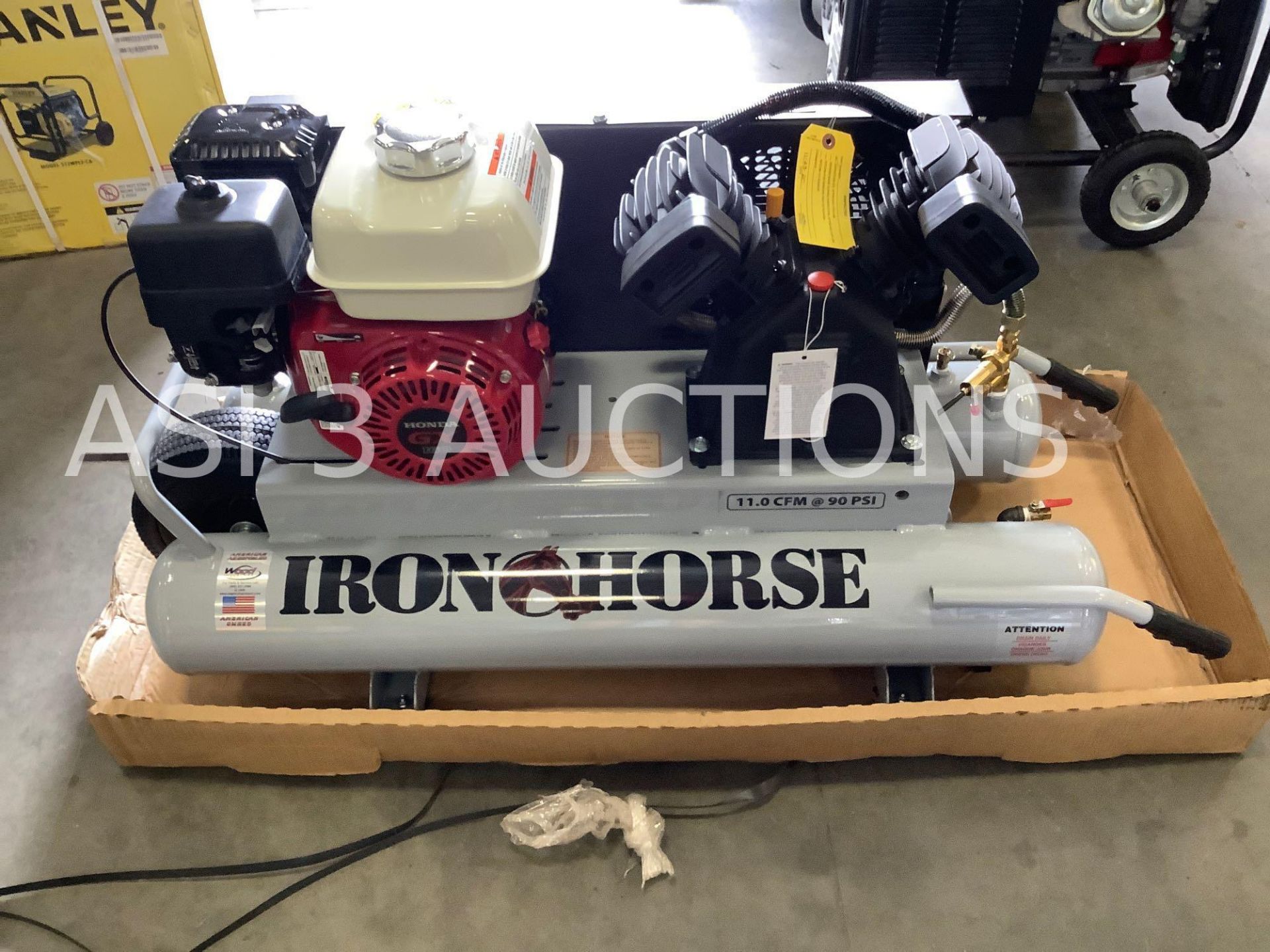 HONDA IRON HORSE 10 GALLON CAPACITY AIR COMPRESSOR, HONDA GX 160 ENGINE, WITH HANDLE AND WHEEL