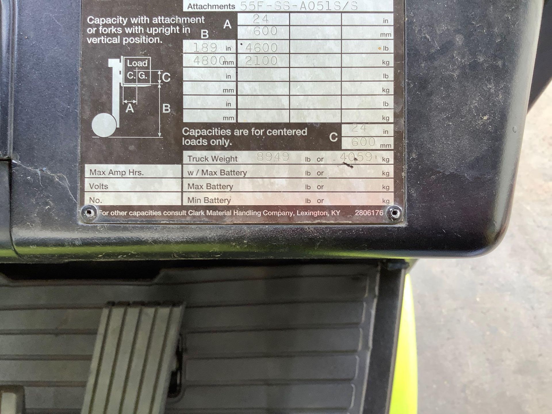 CLARK GENESIS SERIES FORKLIFT MODEL CGC25, APPROX LOAD CAPACITY 5,000 LBS - Image 7 of 8