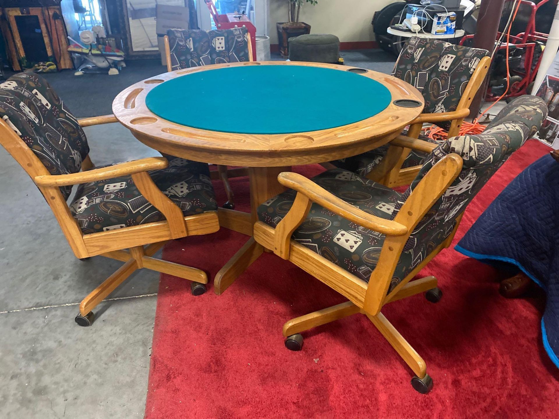 OAK WOOD POKER TABLE WITH REVERSIBLE TABLE TOP, 4 ROLLING CHAIRS ALSO INCLUDED - Image 2 of 8