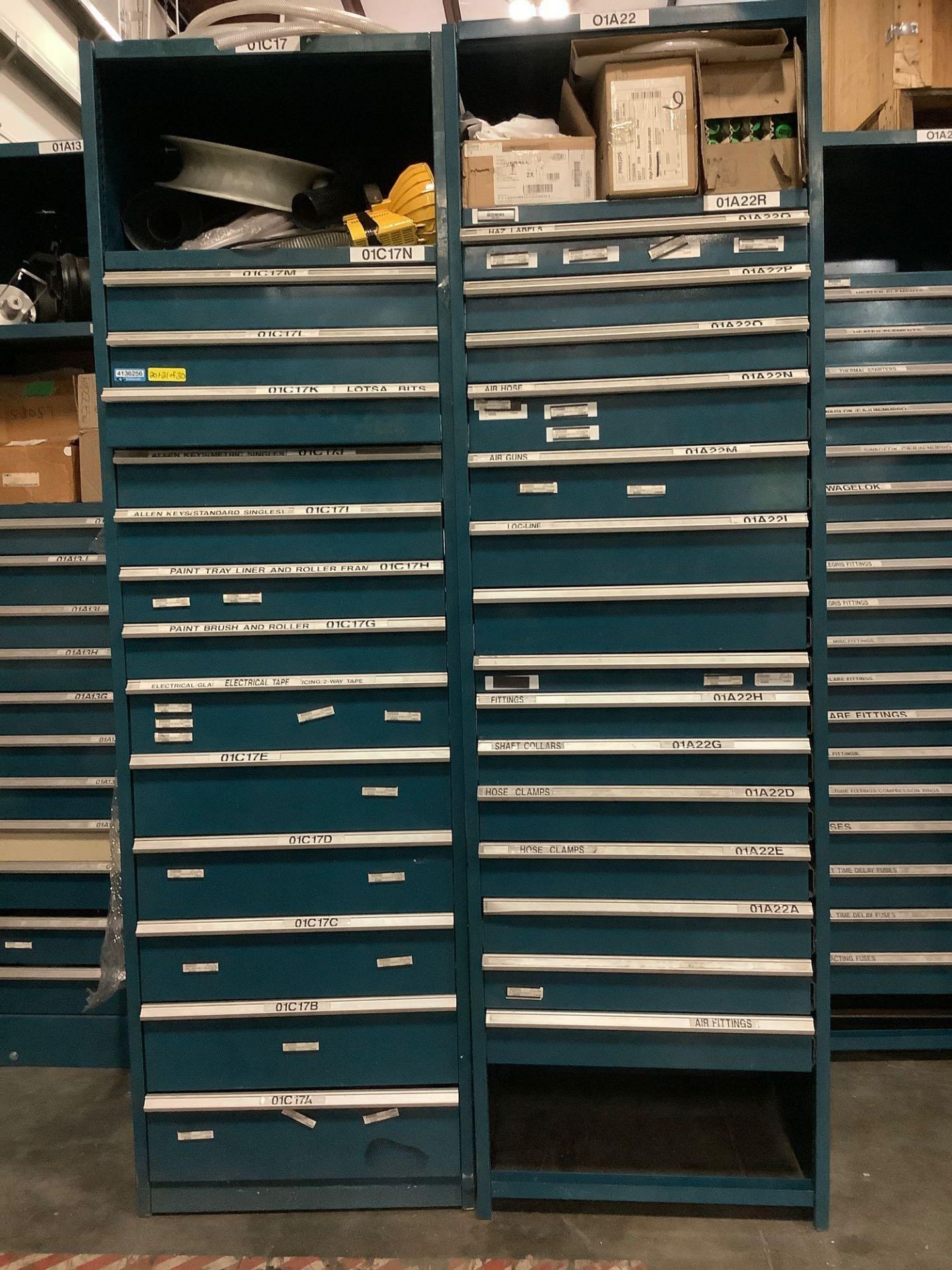 SET OF TWO INDUSTRIAL PARTS CABINETS WITH SOME CONTENTS, EACH CABINET APPROX 8 FT TALL X 2.4 FT WIDE