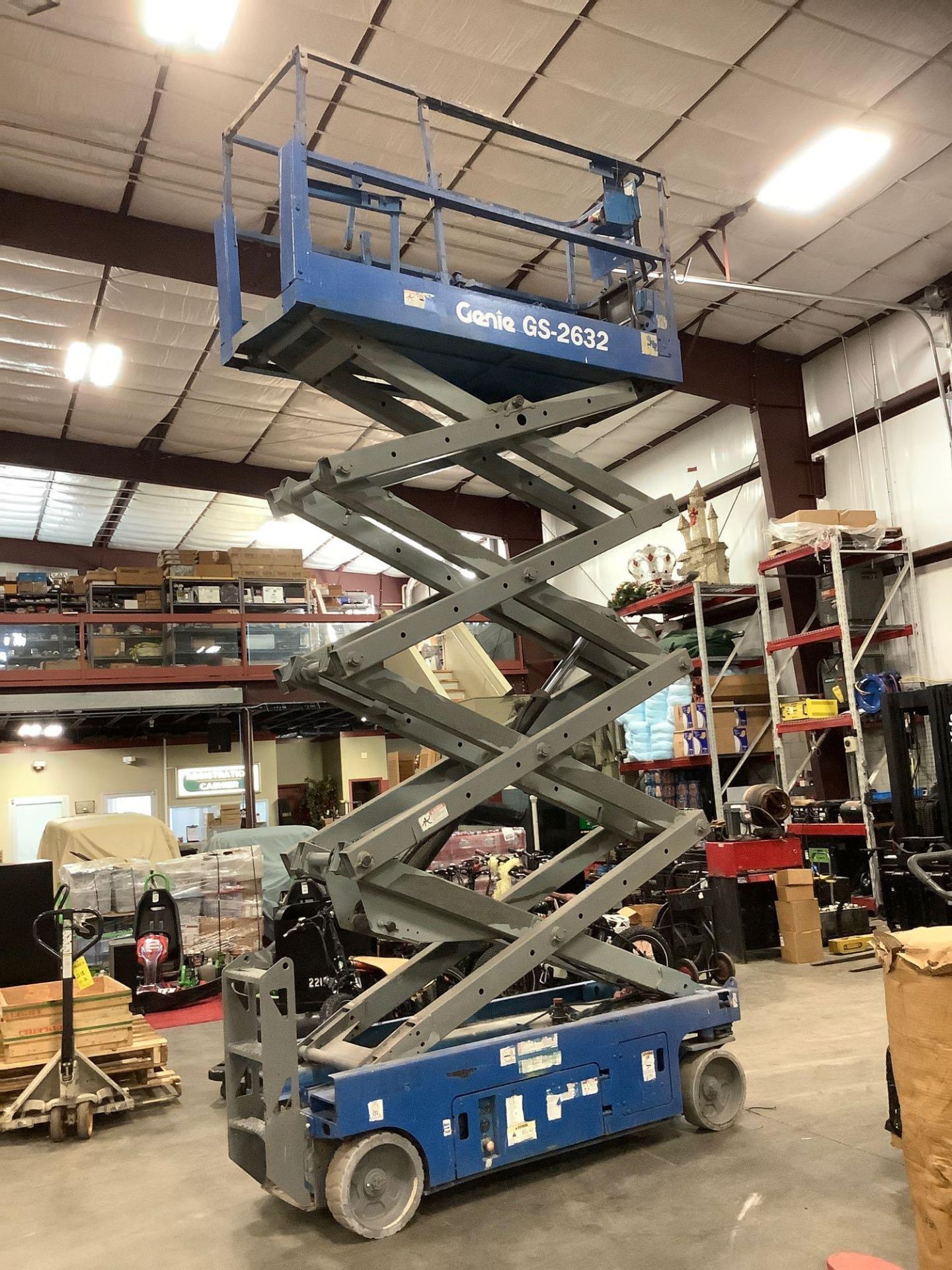 GENIE SCISSOR LIFT MODEL GS-2632, ELECTRIC, APPROX MAX PLATFORM HEIGHT 26FT, NON MARKING TIRES, BUIL